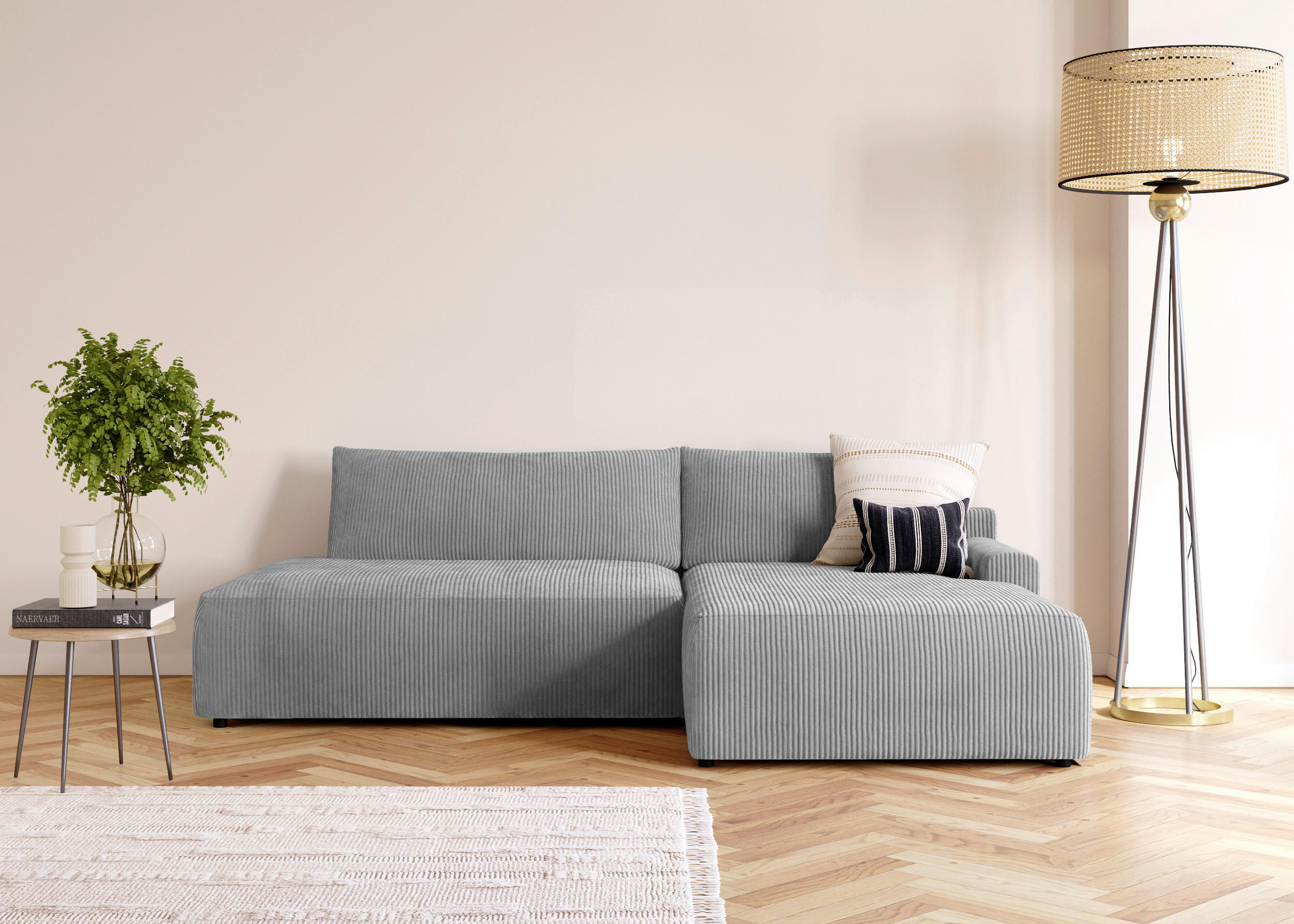 ECKSCHLAFSOFA in Cord Dunkelgrau  - Dunkelgrau/Schwarz, Modern, Kunststoff/Textil (253/167cm) - Trendmanufaktur