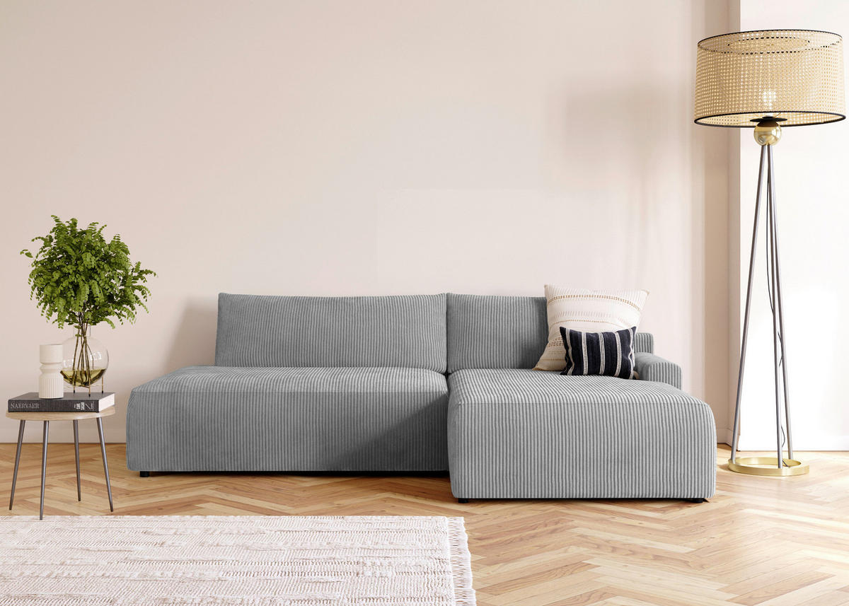 ECKSCHLAFSOFA Cord Grau  - Schwarz/Grau, MODERN, Kunststoff/Textil (253/167cm) - Trendmanufaktur
