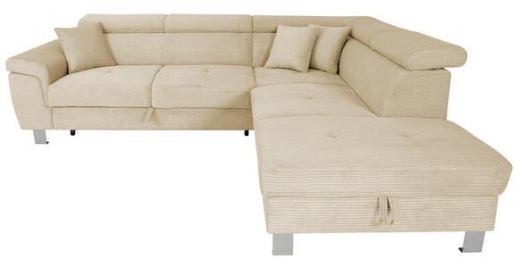 ECKSOFA inkl. Funktionen Creme Cord Zierkissen, Bettkasten, Schlaffunktion, Kopfteilverstellung, Kopfstütze  - Silberfarben/Creme, Design, Textil/Metall (257/226cm) - Xora