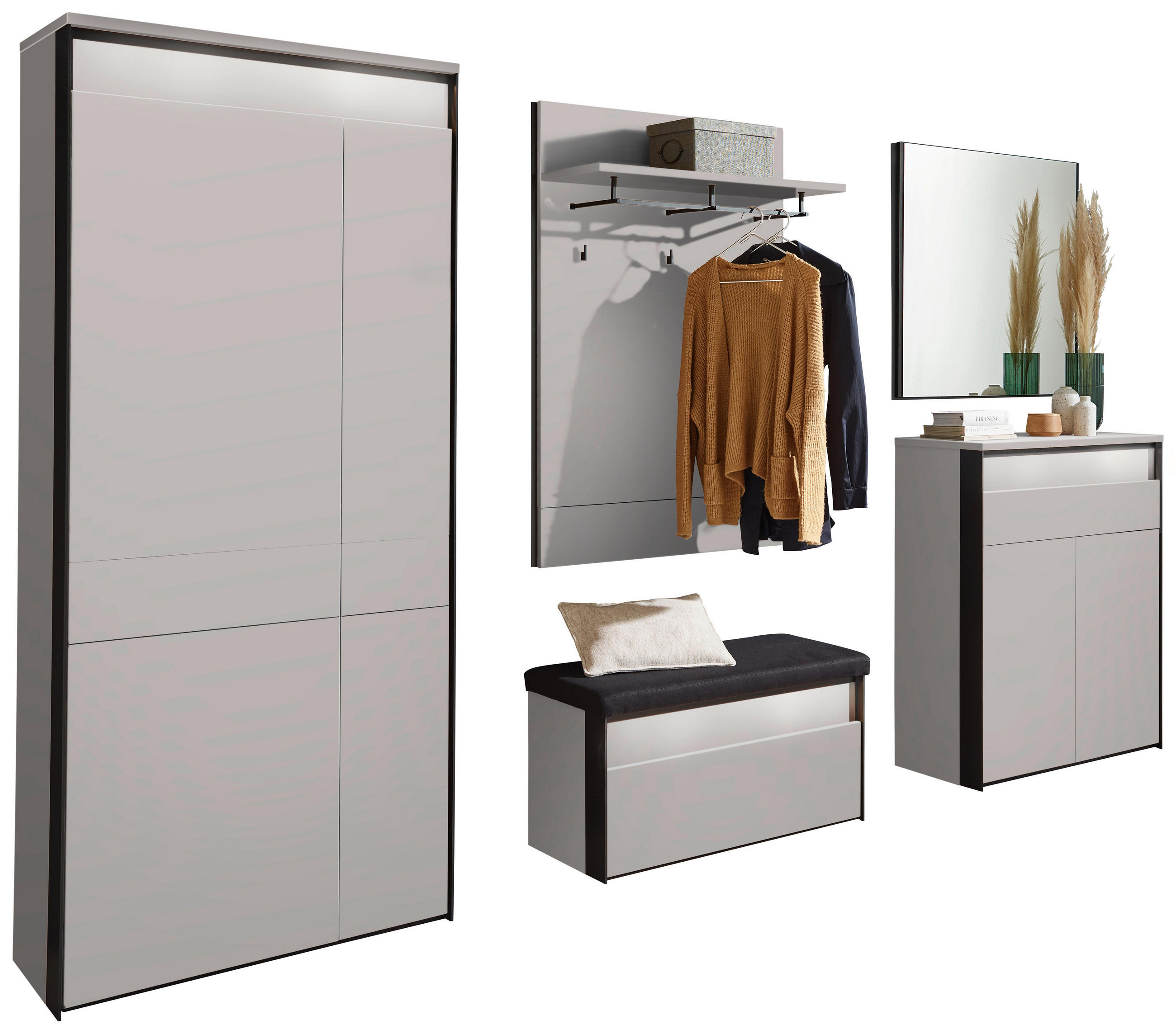 GARDEROBE 5-teilig  in 266/200/38 cm  - Kaschmir/Schwarz, KONVENTIONELL, Glas/Holzwerkstoff (266/200/38cm) - Voleo