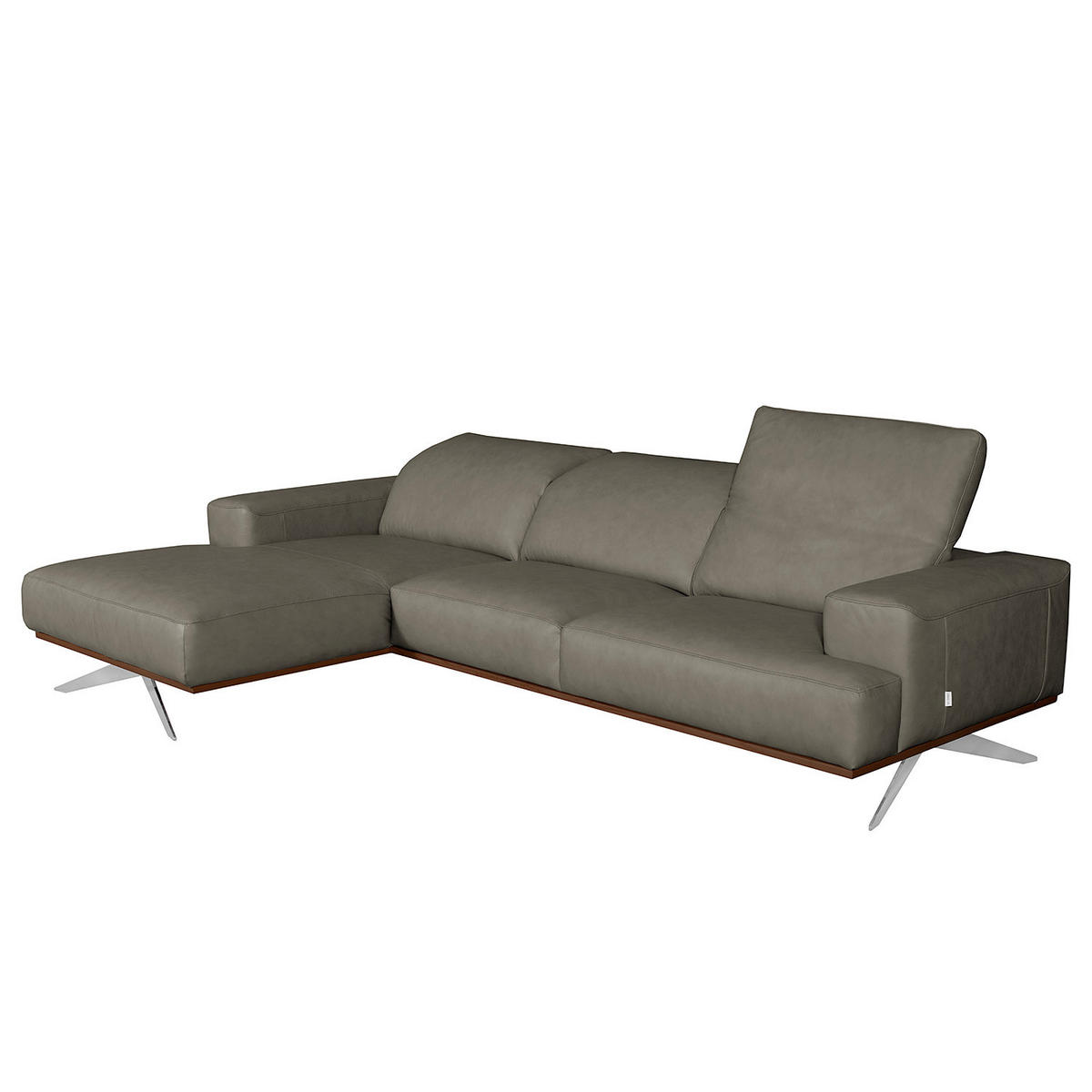 ECKSOFA Grau Echtleder Rücken echt, Kopfteilverstellung  - Chromfarben/Grau, Design, Leder/Metall (187/295cm) - Livetastic