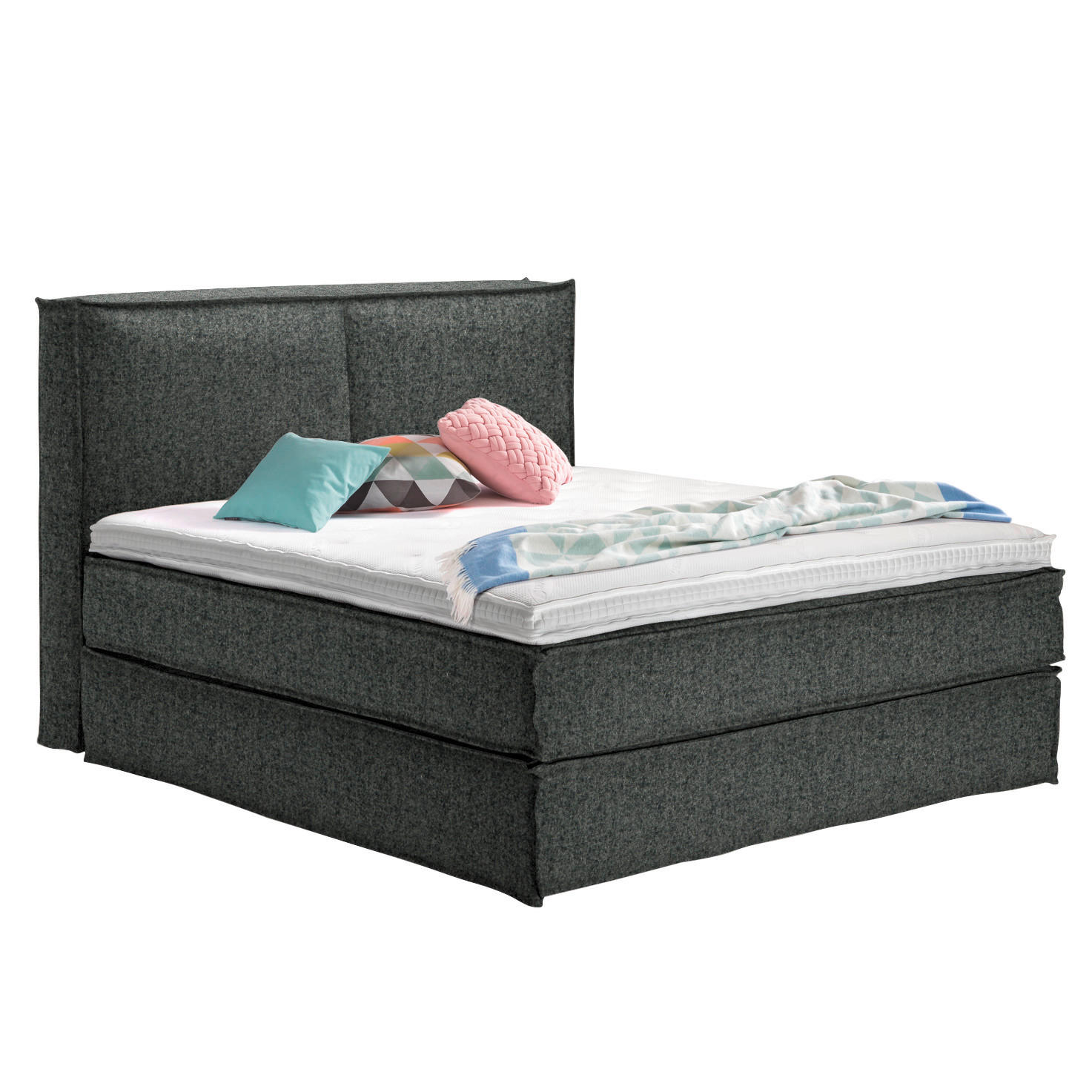 Thumbnail - home24 Boxspringbett Kinx, Anthrazit, Textil, H2, 7-Zonen, Höhe ca. 24 cm, 200x200 cm, gepolstertes Kopfteil, Topper dur...