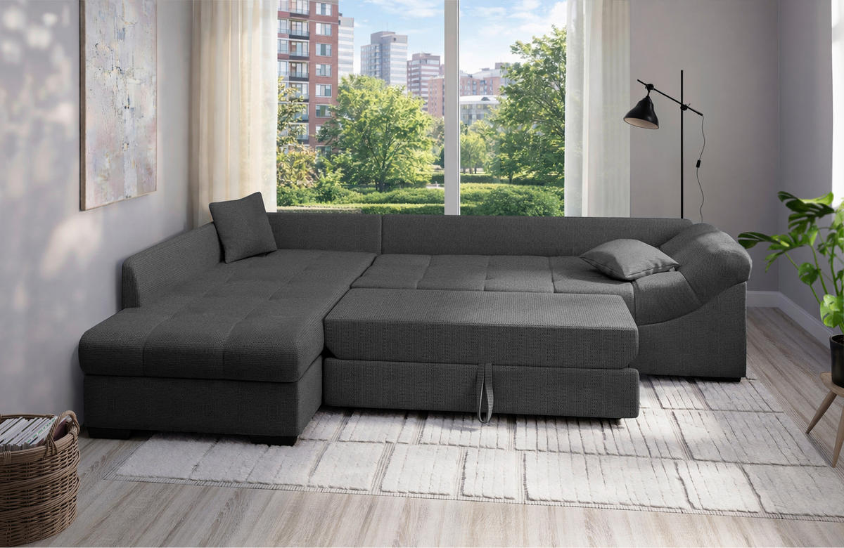 ECKSCHLAFSOFA Alvito Anthrazit Chenille  - Anthrazit/Schwarz, MODERN, Holz/Textil (202/298cm) - MID.YOU