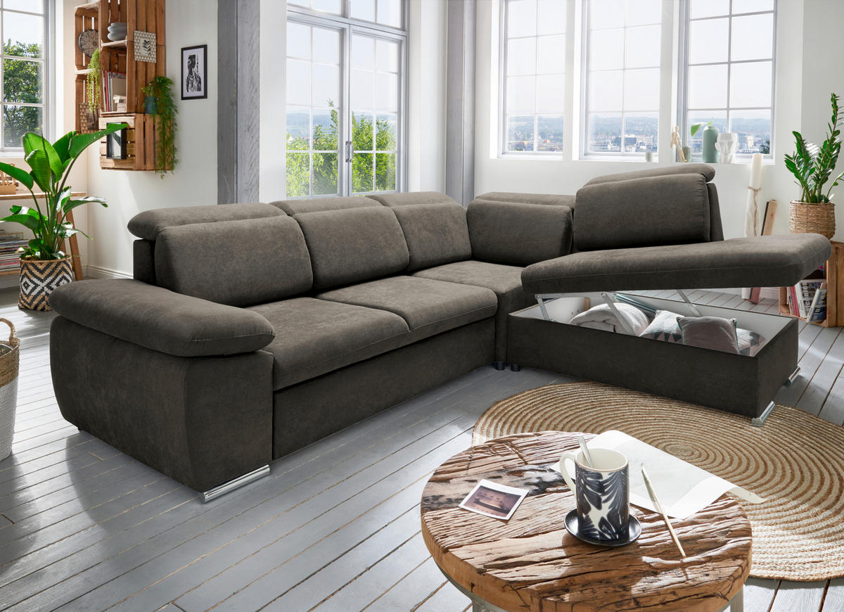 ECKSOFA Mikrofaser Dunkelbraun  - Chromfarben/Dunkelbraun, Design, Textil/Metall (283/228cm) - Livetastic