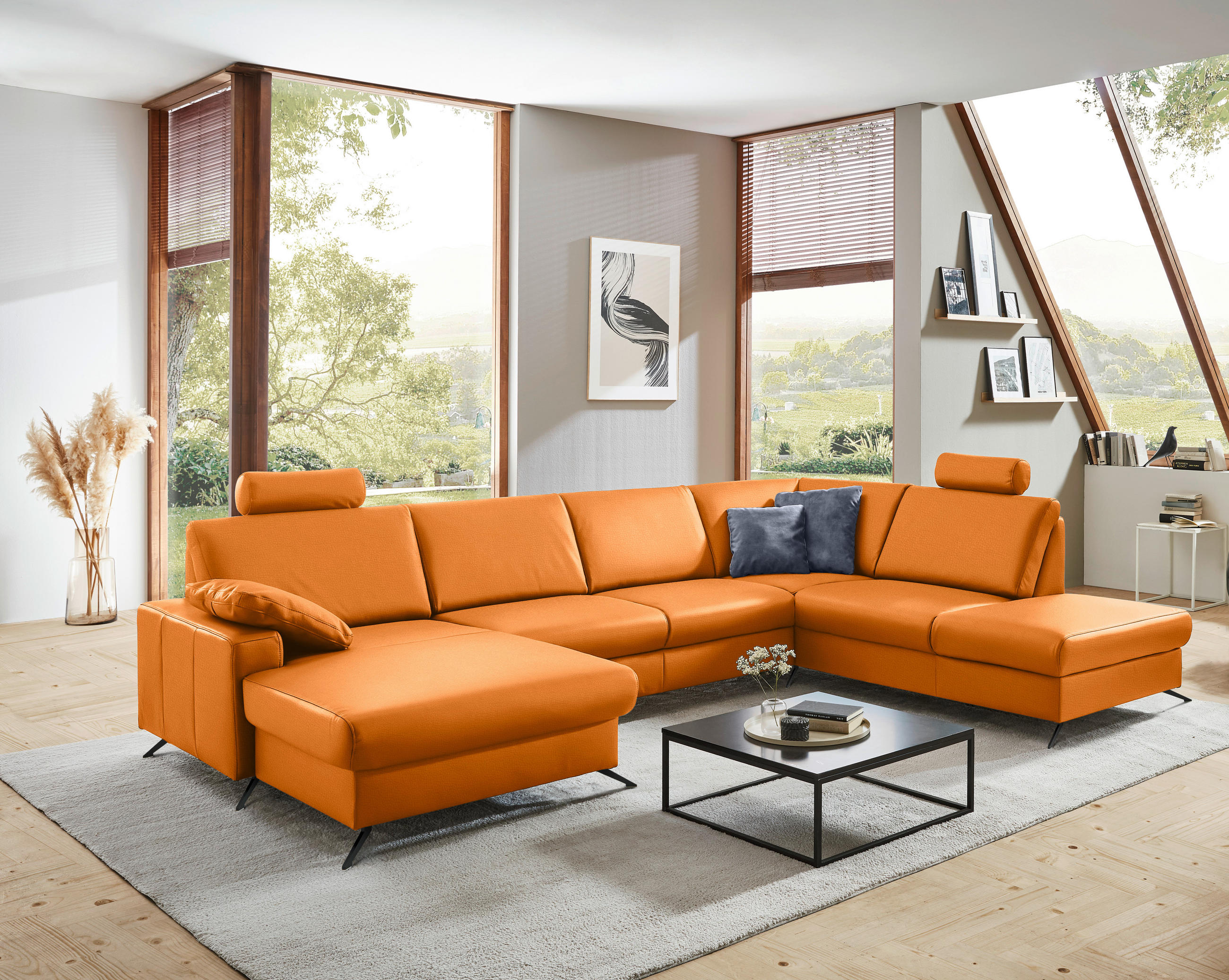 WOHNLANDSCHAFT in Echtleder Orange  - Schwarz/Orange, Design, Leder/Metall (165/339/233cm) - Beldomo Premium