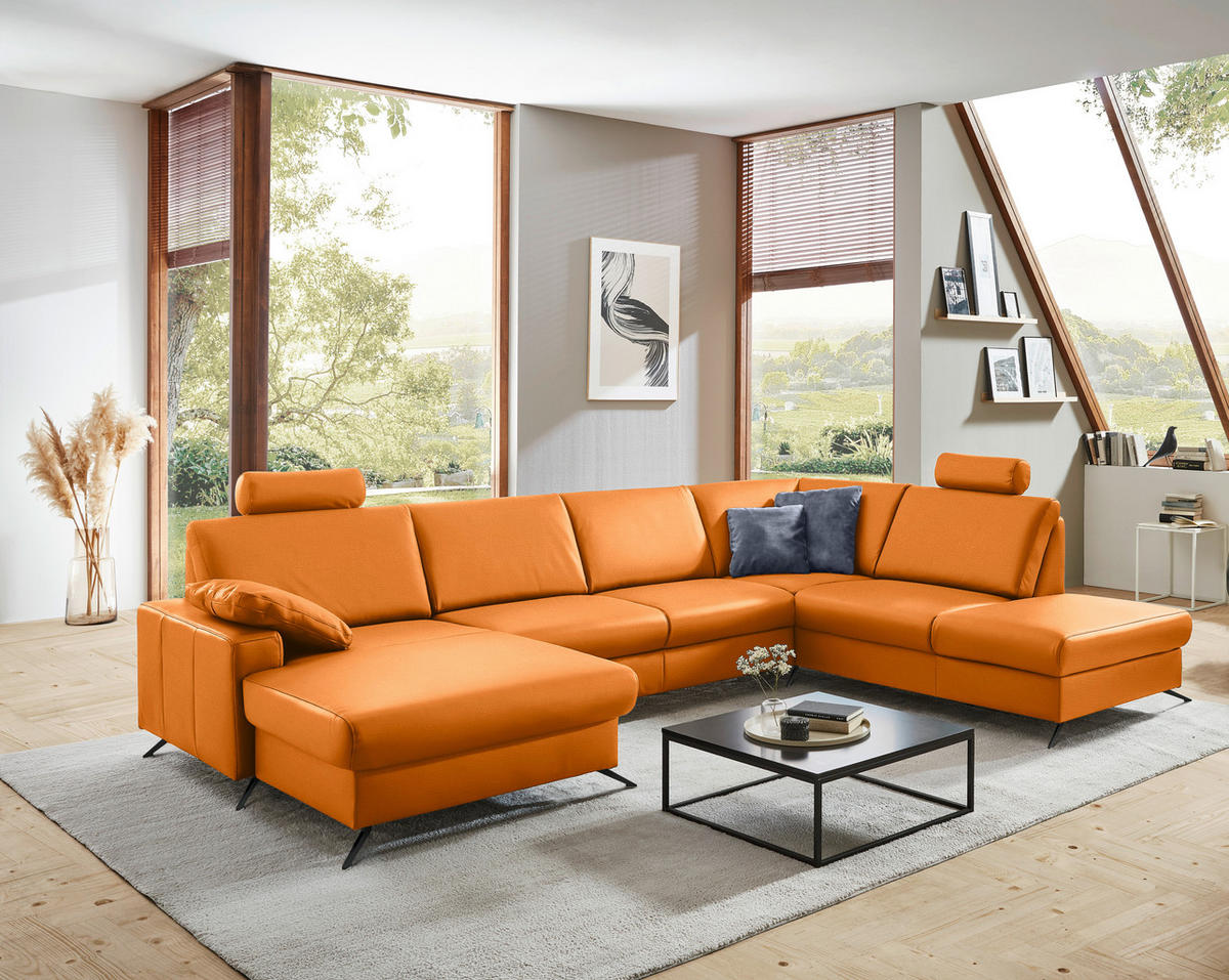 WOHNLANDSCHAFT in Echtleder Orange  - Schwarz/Orange, Design, Leder/Metall (165/339/233cm) - Beldomo Premium