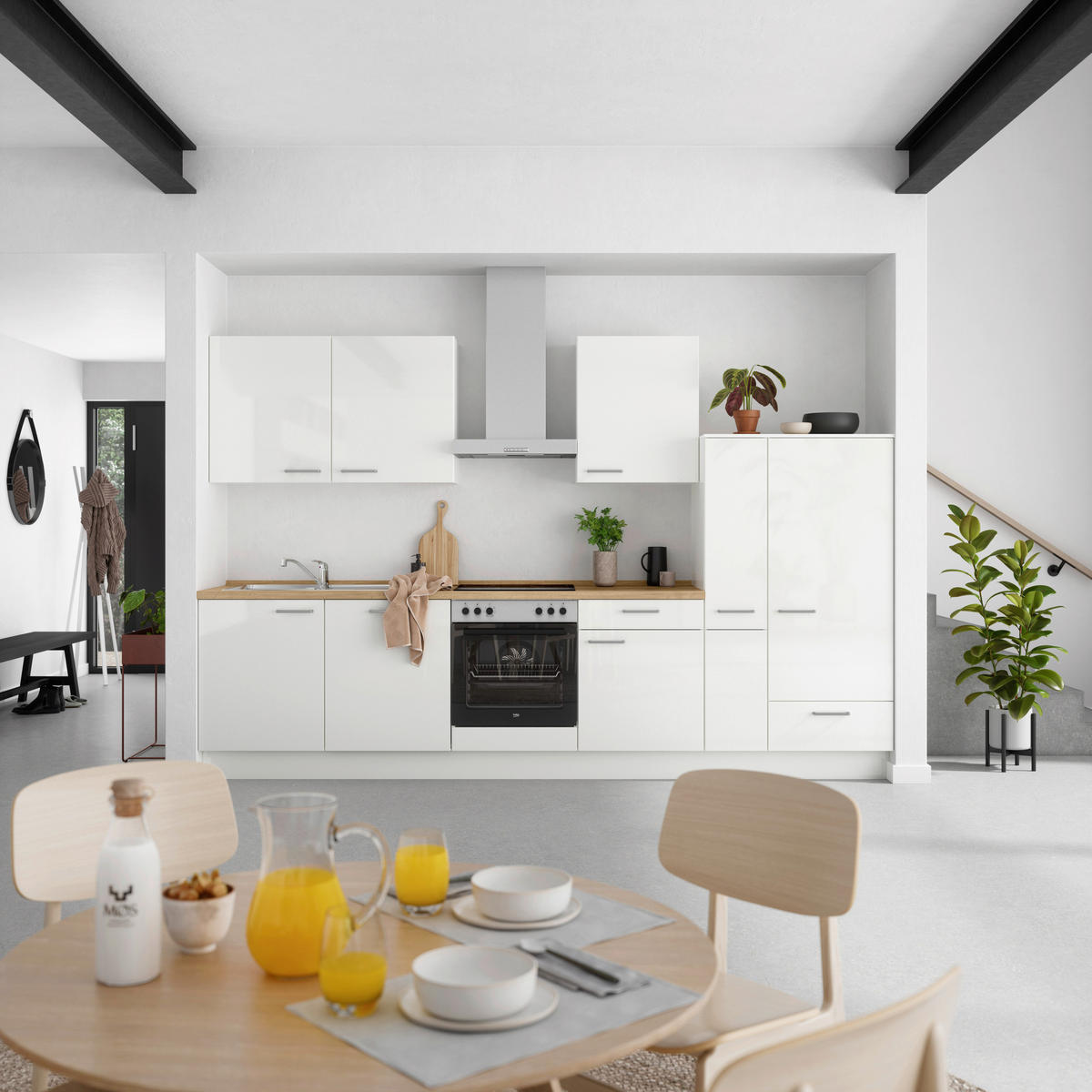 KÜCHENLEERBLOCK 330 cm   in Eichefarben, Weiß Hochglanz  - Edelstahlfarben/Eichefarben, MODERN, Holzwerkstoff/Metall (330cm) - Nobilia