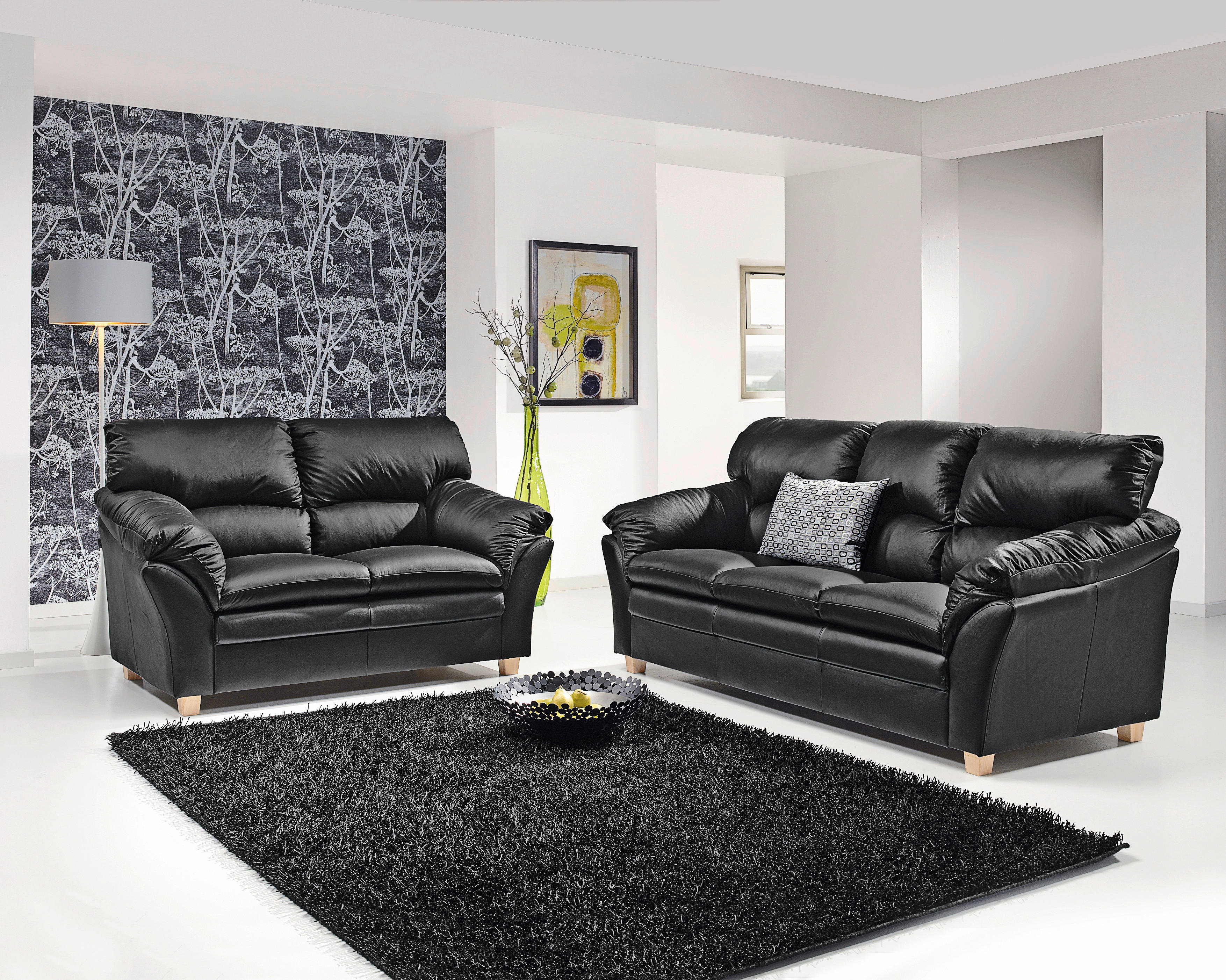 SITZGARNITUR in Echtleder Schwarz  - Eichefarben/Schwarz, Modern, Leder/Holz - Livetastic