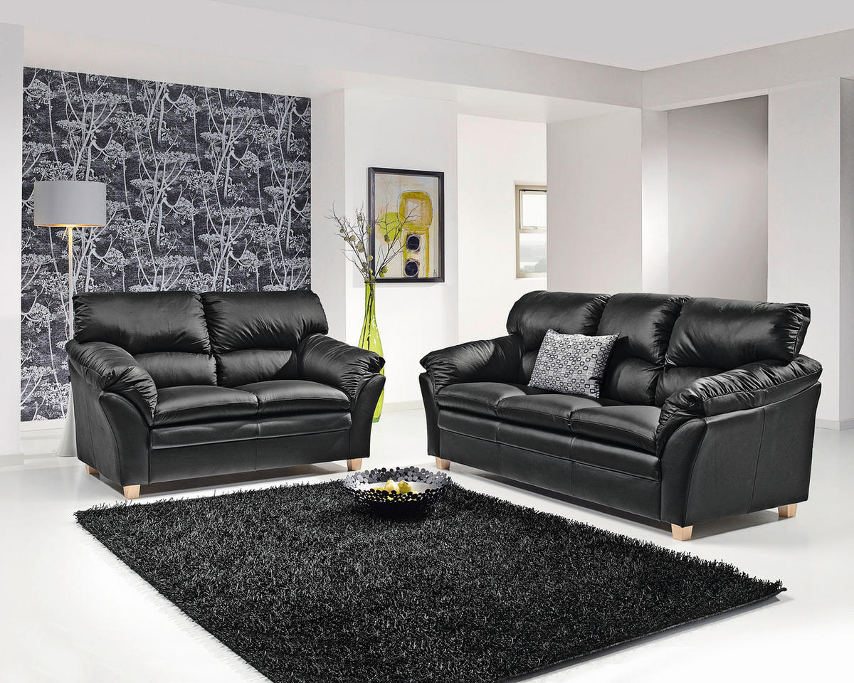SITZGARNITUR Schwarz Echtleder  - Eichefarben/Schwarz, MODERN, Leder/Holz - Livetastic