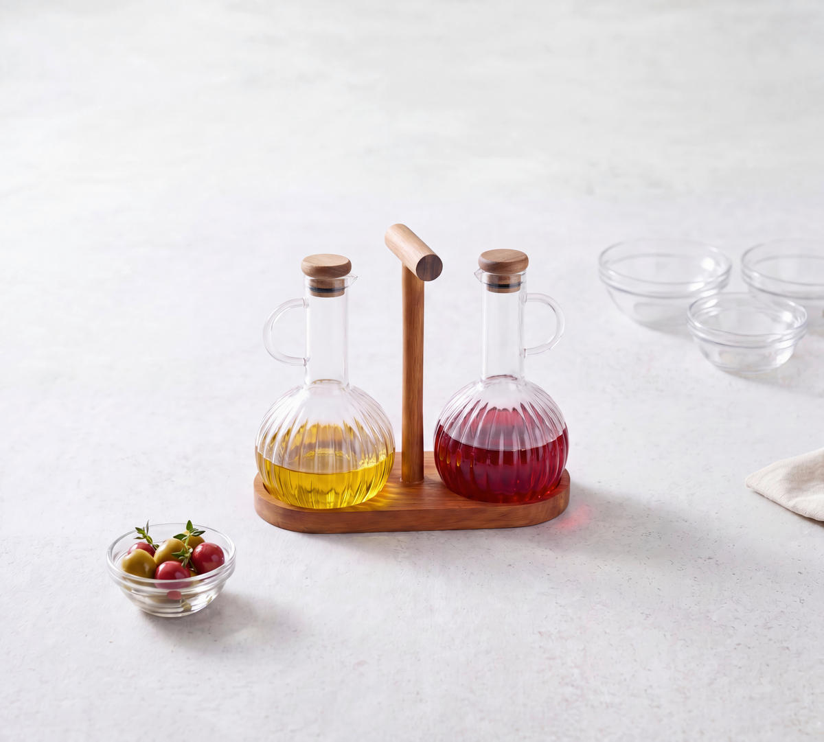 Set Olivieră Și Oțetieră - străveziu/culoare lemn acacia, Lifestyle, sticlă/lemn - Ambia Home