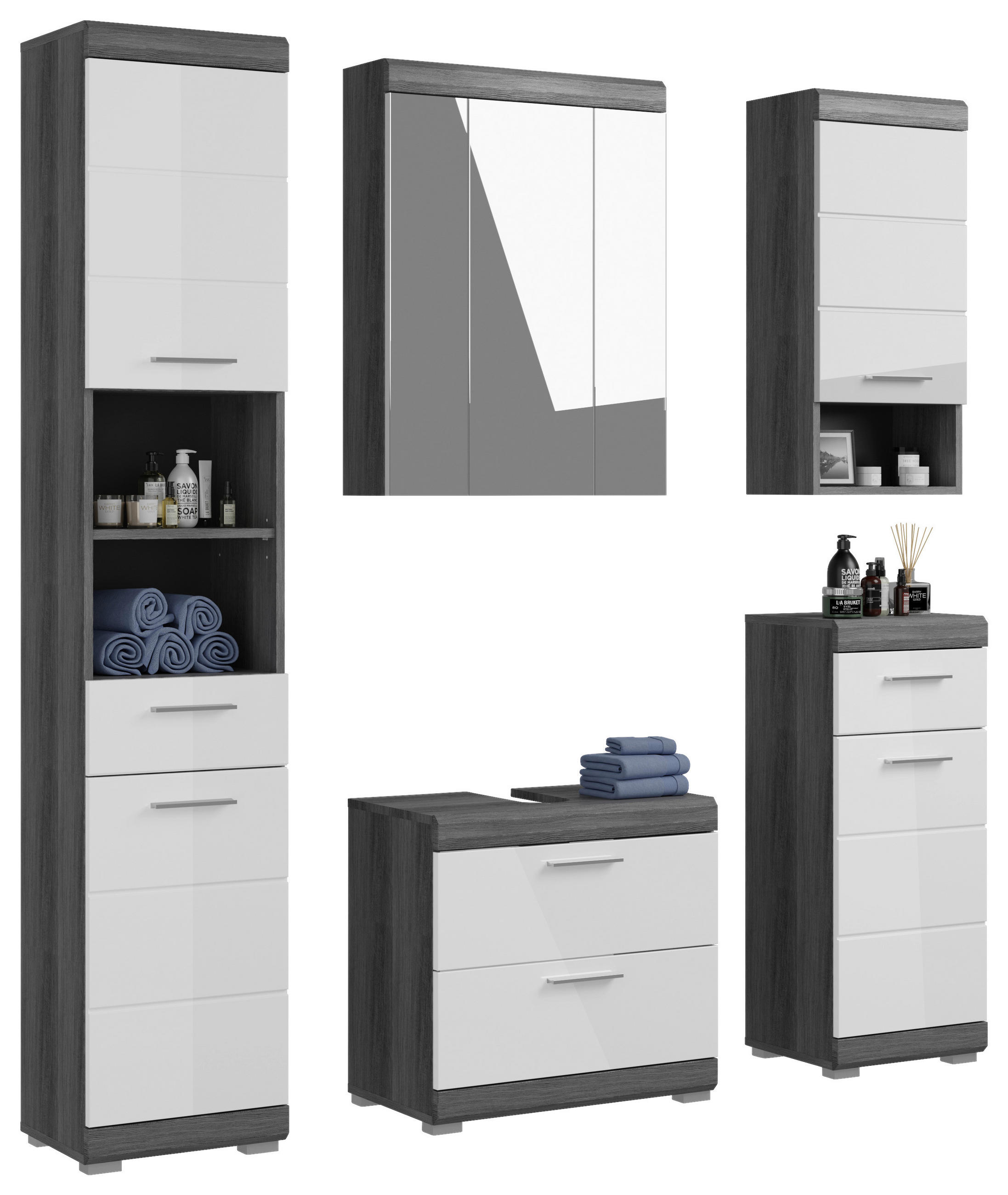 BADEZIMMER 5-teilig  in 134 cm  - Weiß Hochglanz/Grau, MODERN, Holzwerkstoff/Kunststoff (134cm) - MID.YOU