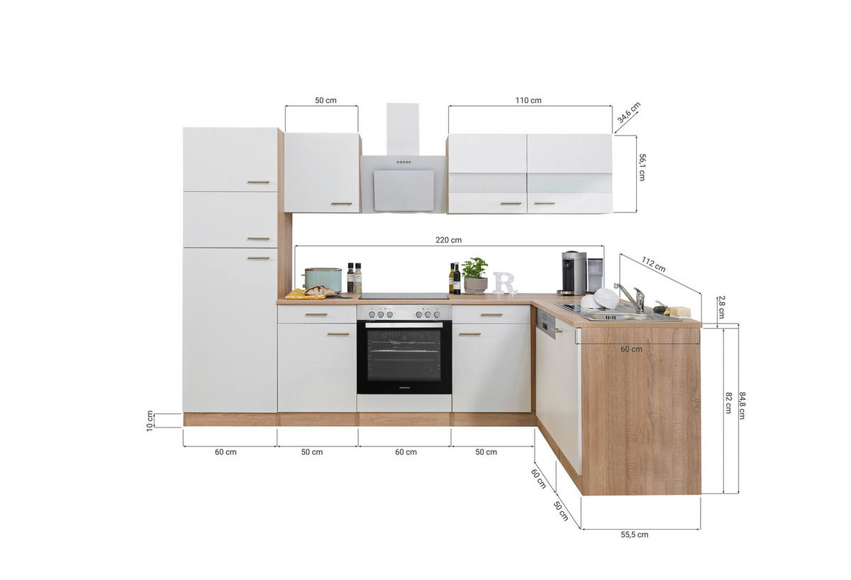 ECKKÜCHE 280/172 cm  in Weiß, Eichefarben  - Eichefarben/Weiß, Basics, Glas/Holzwerkstoff (280/172cm) - Respekta