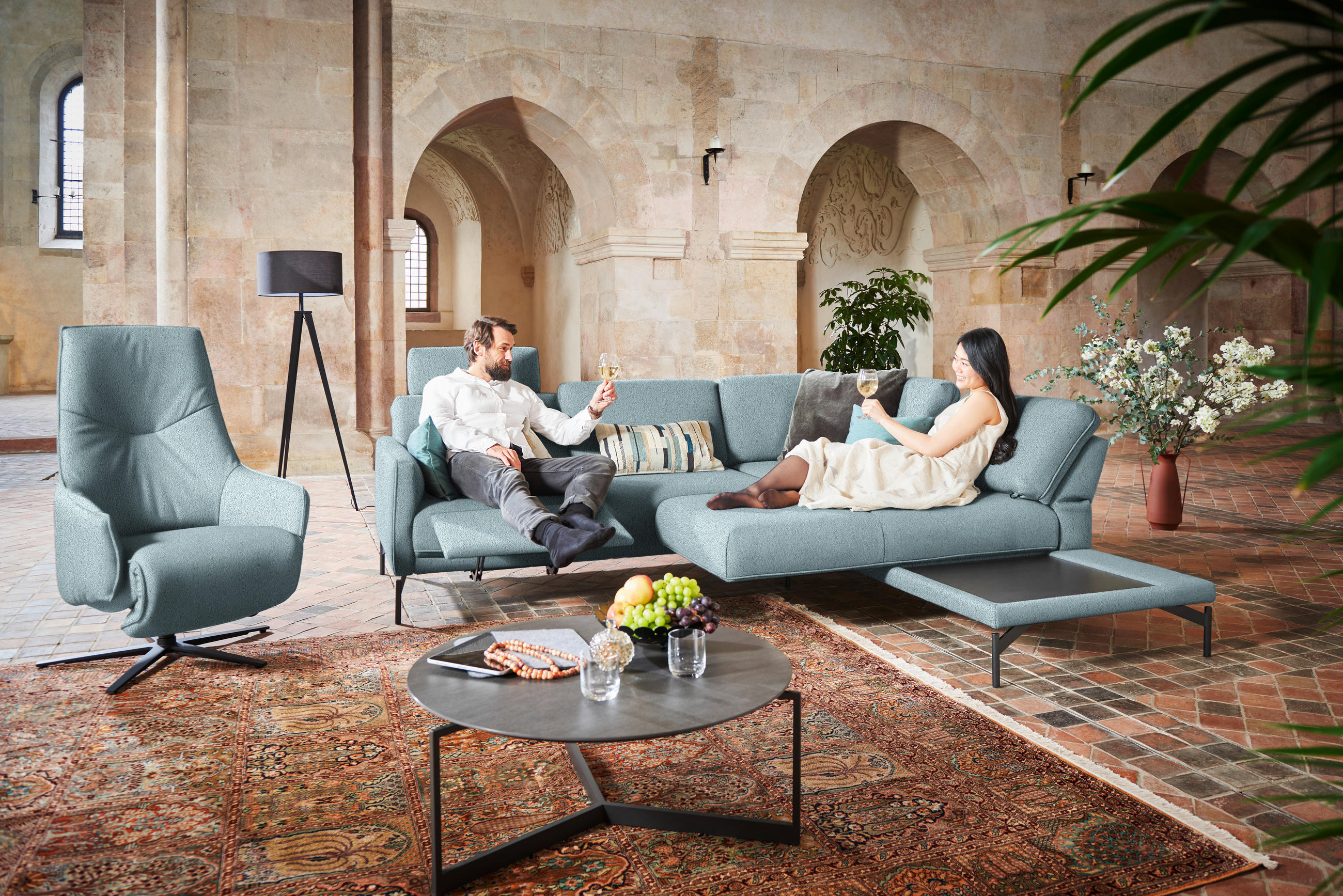 ECKSOFA in Flachgewebe, Struktur Hellblau  - Anthrazit/Hellblau, Design, Textil/Metall (254/230cm) - Johann Jakob