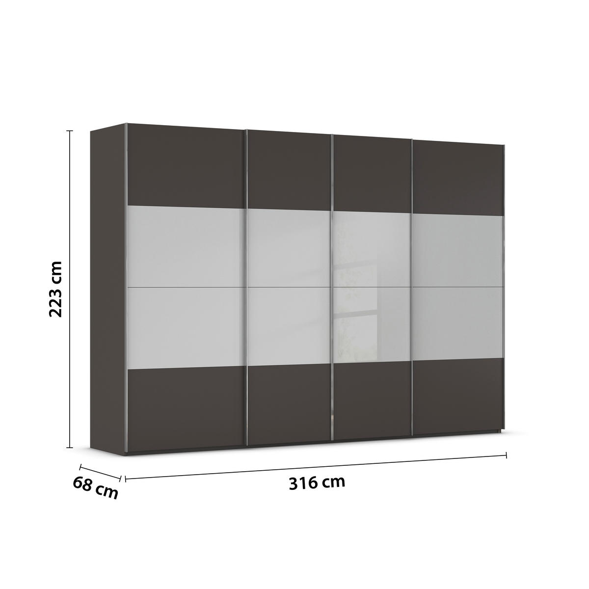 SCHWEBETÜRENSCHRANK 316/223/68 cm 4-türig Graphitfarben, Grau  - Chromfarben/Graphitfarben, KONVENTIONELL, Glas/Holzwerkstoff (316/223/68cm) - Novel