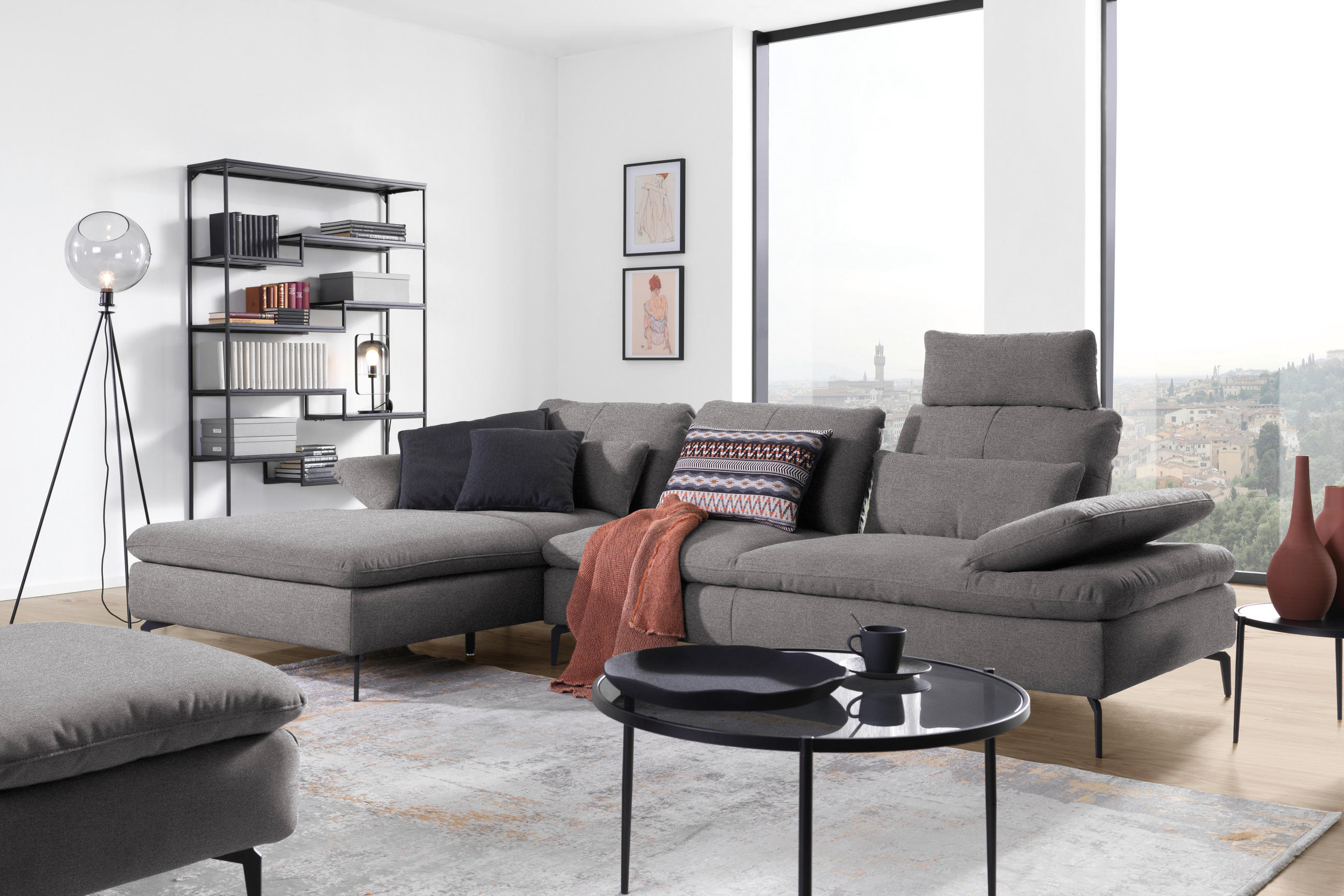 ECKSOFA in Webstoff Anthrazit  - Anthrazit/Schwarz, Design, Textil/Metall (179/301cm) - Chilliano