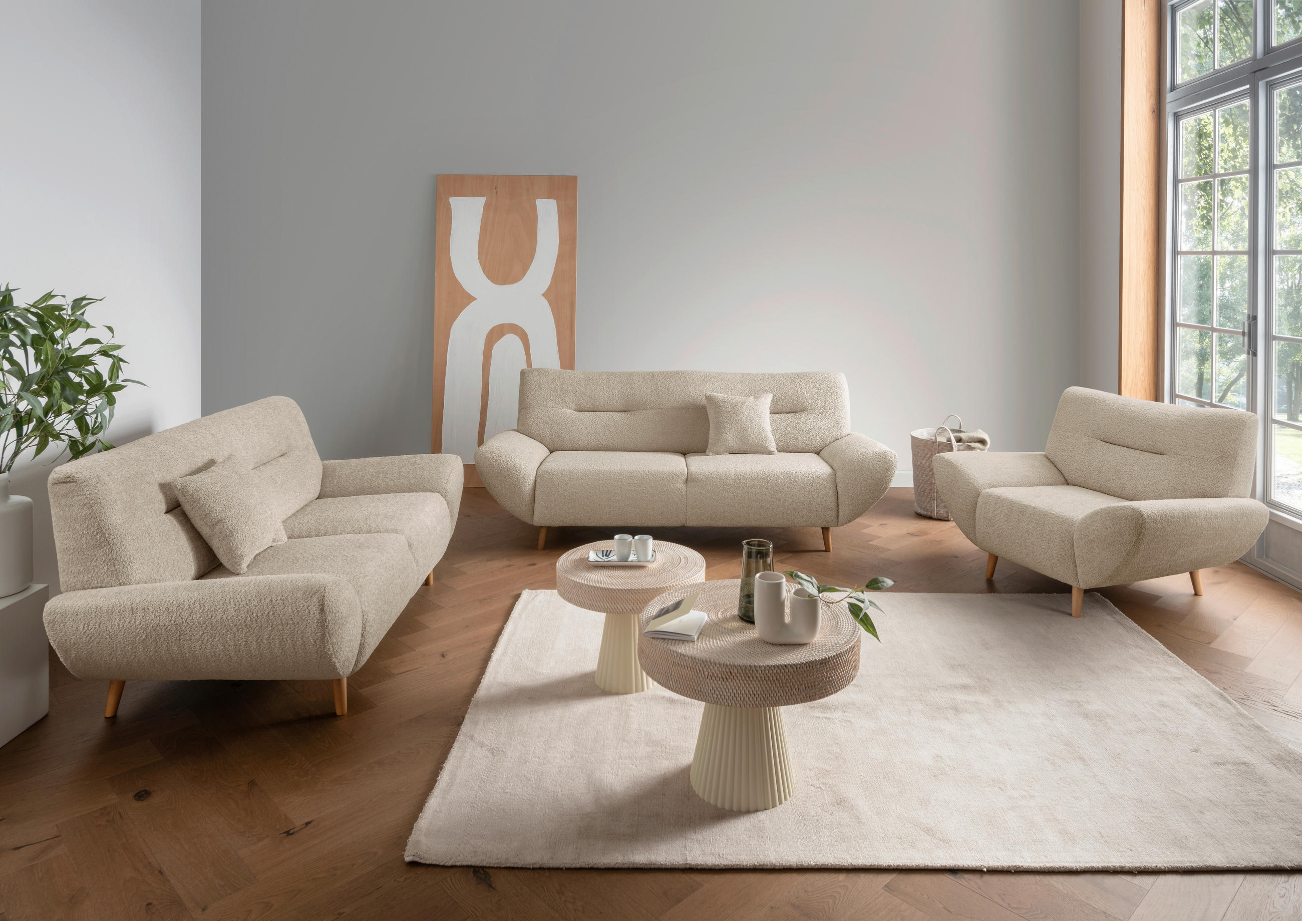3-SITZER-SOFA in Bouclé Beige  - Wildeiche/Beige, KONVENTIONELL, Holz/Textil (205/81/90cm) - MID.YOU