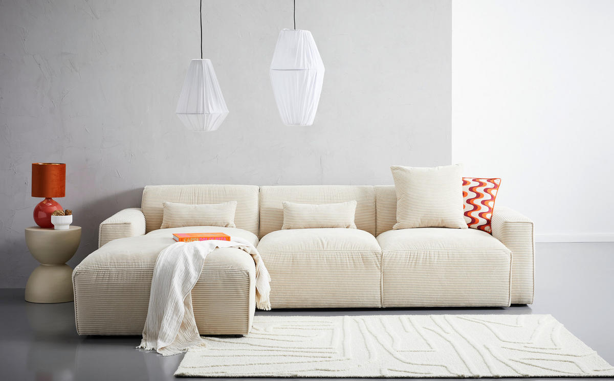 ECKSOFA in Cord Beige   - Beige/Schwarz, Design, Kunststoff/Textil (196/303cm) - Livetastic