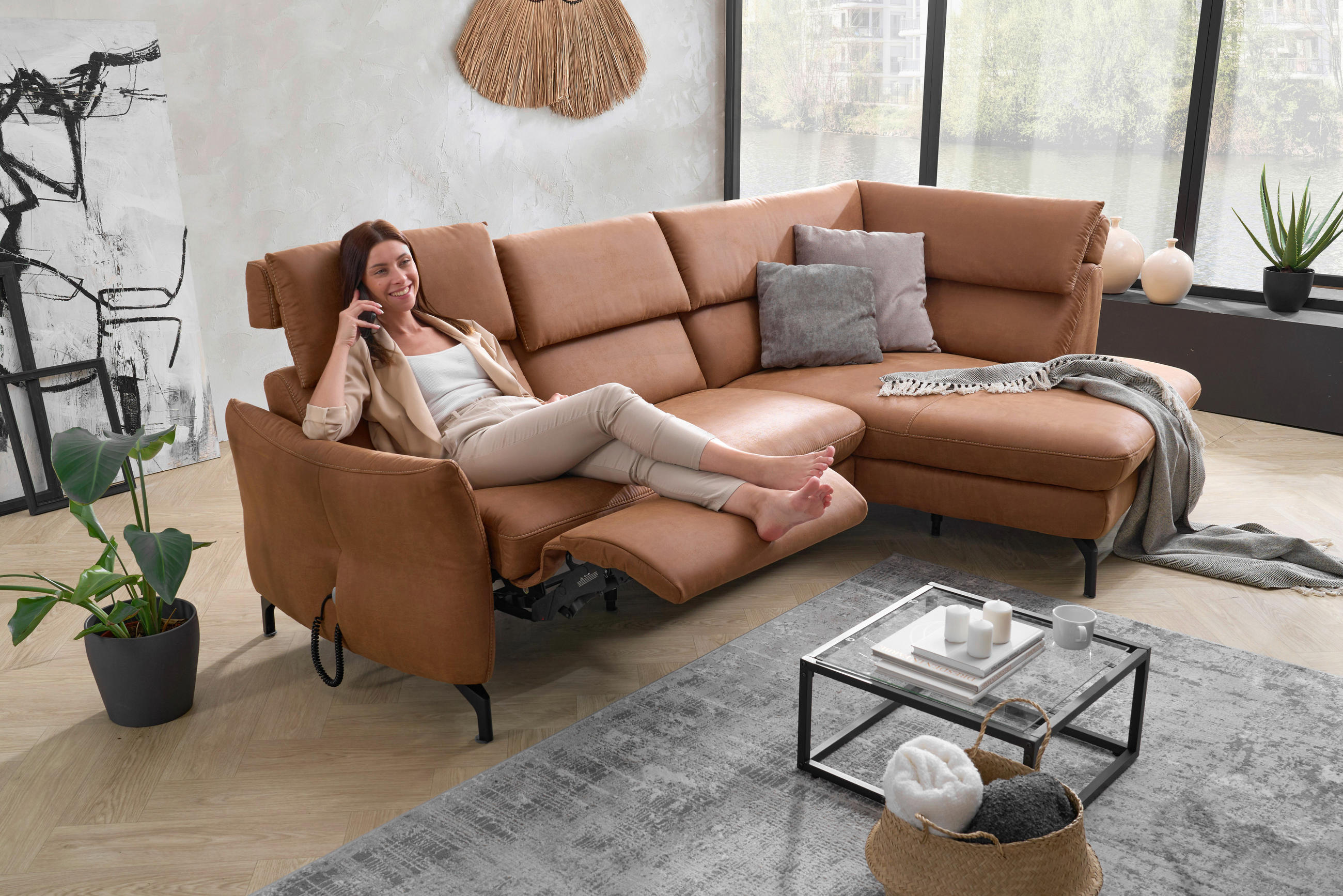 WOHNLANDSCHAFT in Cognac  - Cognac/Beige, Modern, Textil/Metall (274/160cm) - Livetastic