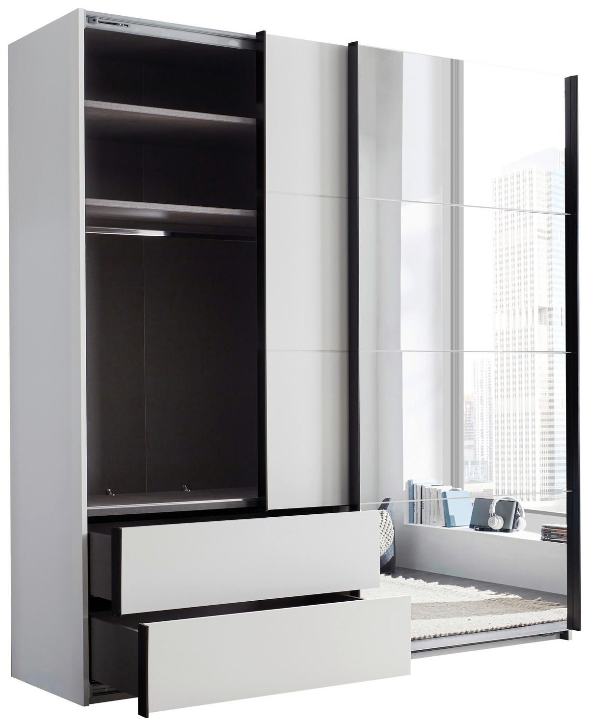 SCHWEBETÜRENSCHRANK 215/225,5/60,5 cm 2-türig Weiß, Schwarz  - Schwarz/Weiß, MODERN, Glas/Holzwerkstoff (215/225,5/60,5cm) - Xora