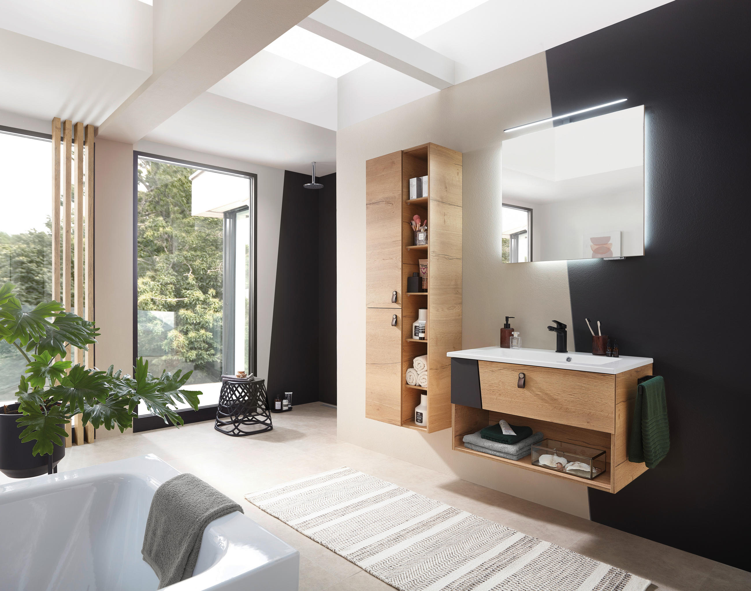 WASCHTISCHKOMBI 77 cm  - Eichefarben/Schwarz, KONVENTIONELL, Leder/Glas (77cm) - Sadena