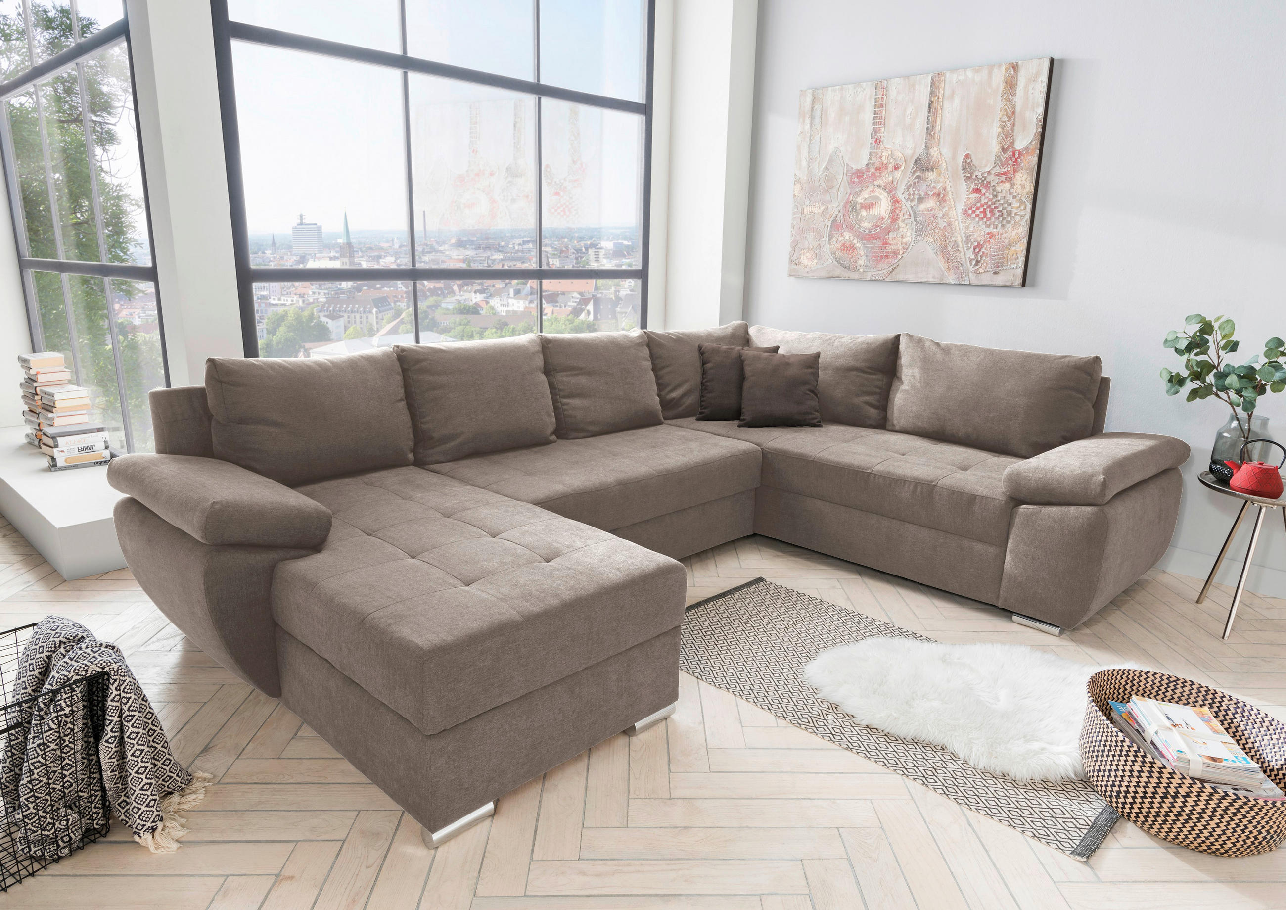 WOHNLANDSCHAFT in Mikrofaser Taupe - Taupe/Chromfarben, Konventionell, Textil/Metall (157/305/219cm) - Livetastic