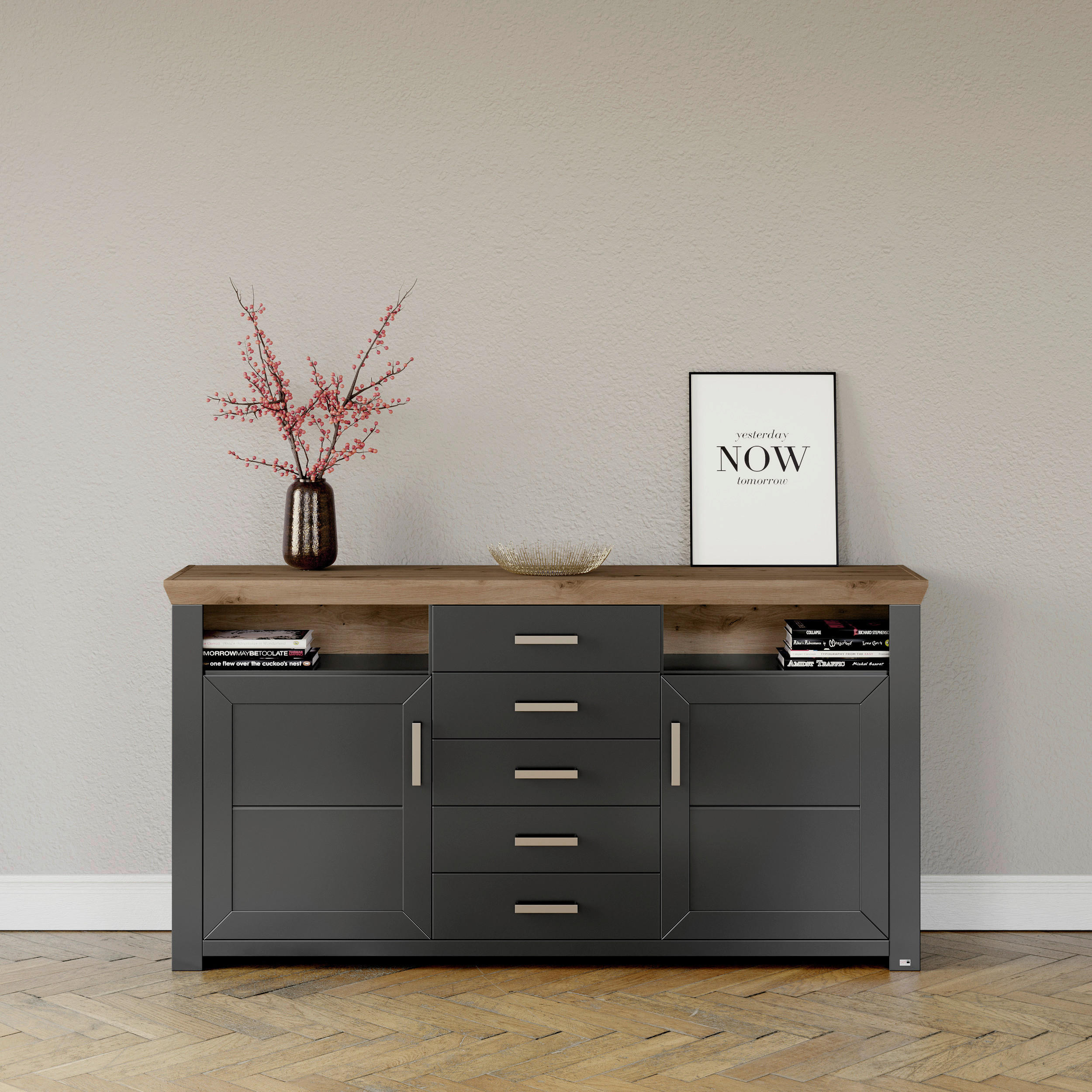 SIDEBOARD Graphitfarben, Eiche Artisan - Graphitfarben/Eiche Artisan, Design, Holzwerkstoff/Metall (184,1/94,6/44,2cm) - SetOne by Musterring