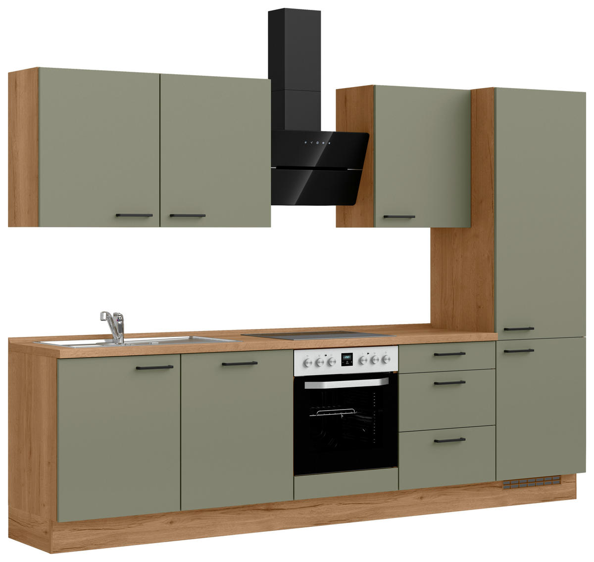 KÜCHENBLOCK Senso 300 cm  in Eichefarben, Olivgrün  - Eichefarben/Schwarz, MODERN, Holzwerkstoff/Metall (300cm) - Nobilia