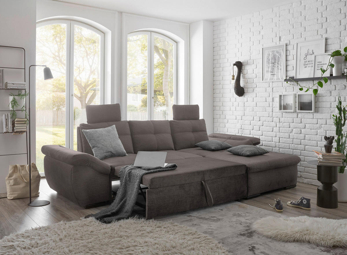 ECKSOFA in Mikrovelours Graubraun  - Graubraun/Schwarz, Konventionell, Kunststoff/Textil (275/170cm) - Carryhome