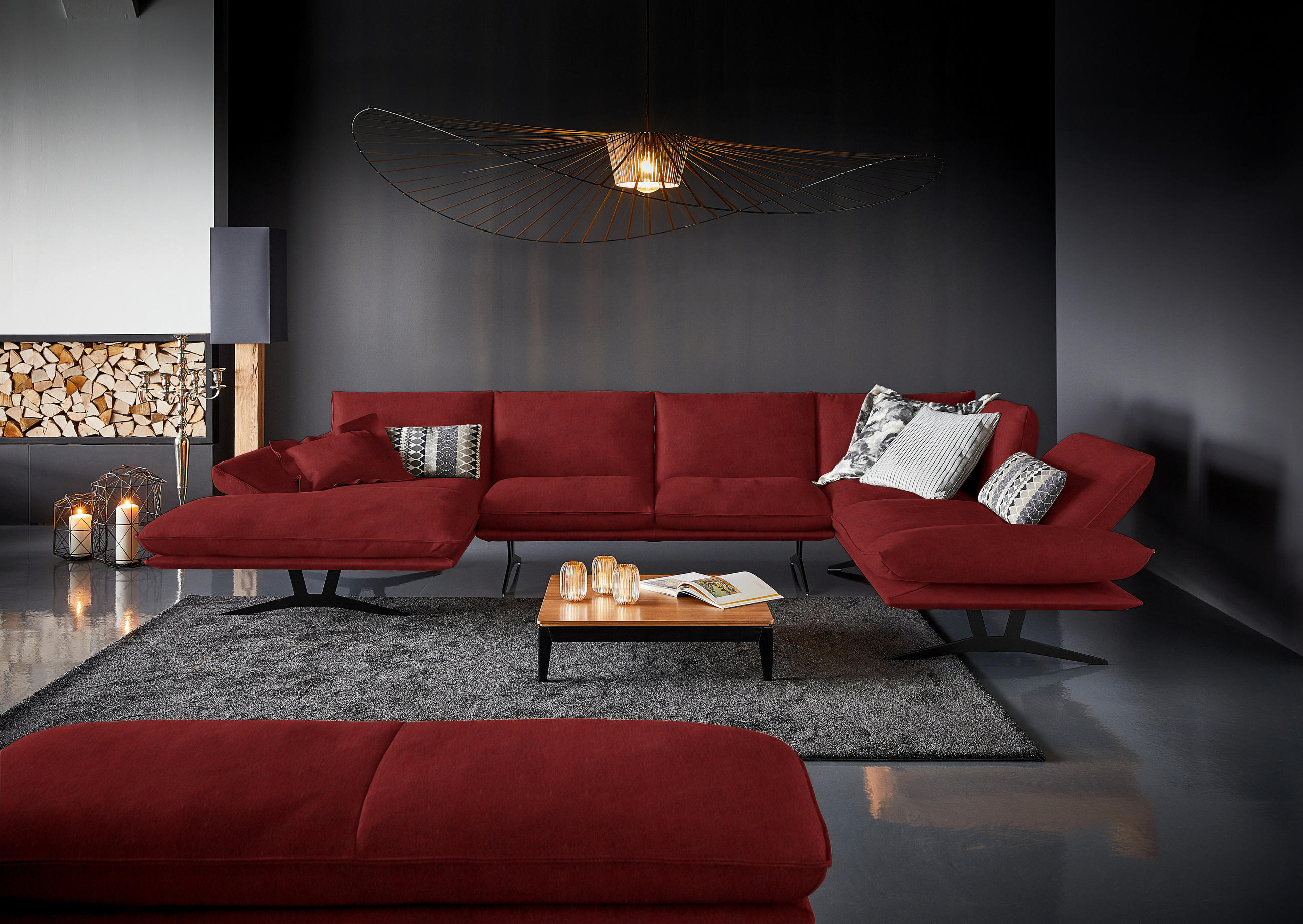 WOHNLANDSCHAFT in Echtleder Rot  - Rot/Schwarz, Natur, Leder/Metall (155/359/217cm) - Dieter Knoll
