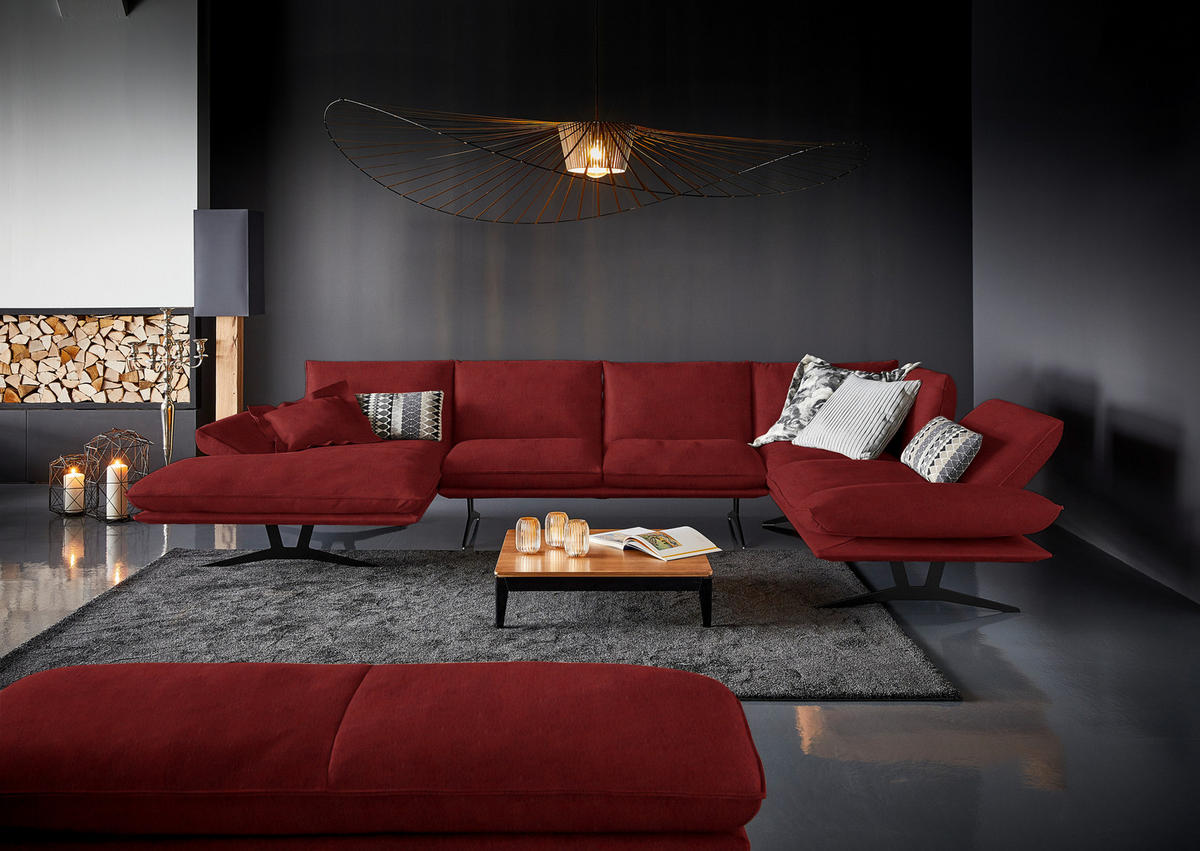 WOHNLANDSCHAFT in Echtleder Rot  - Rot/Schwarz, Natur, Leder/Metall (155/359/217cm) - Dieter Knoll
