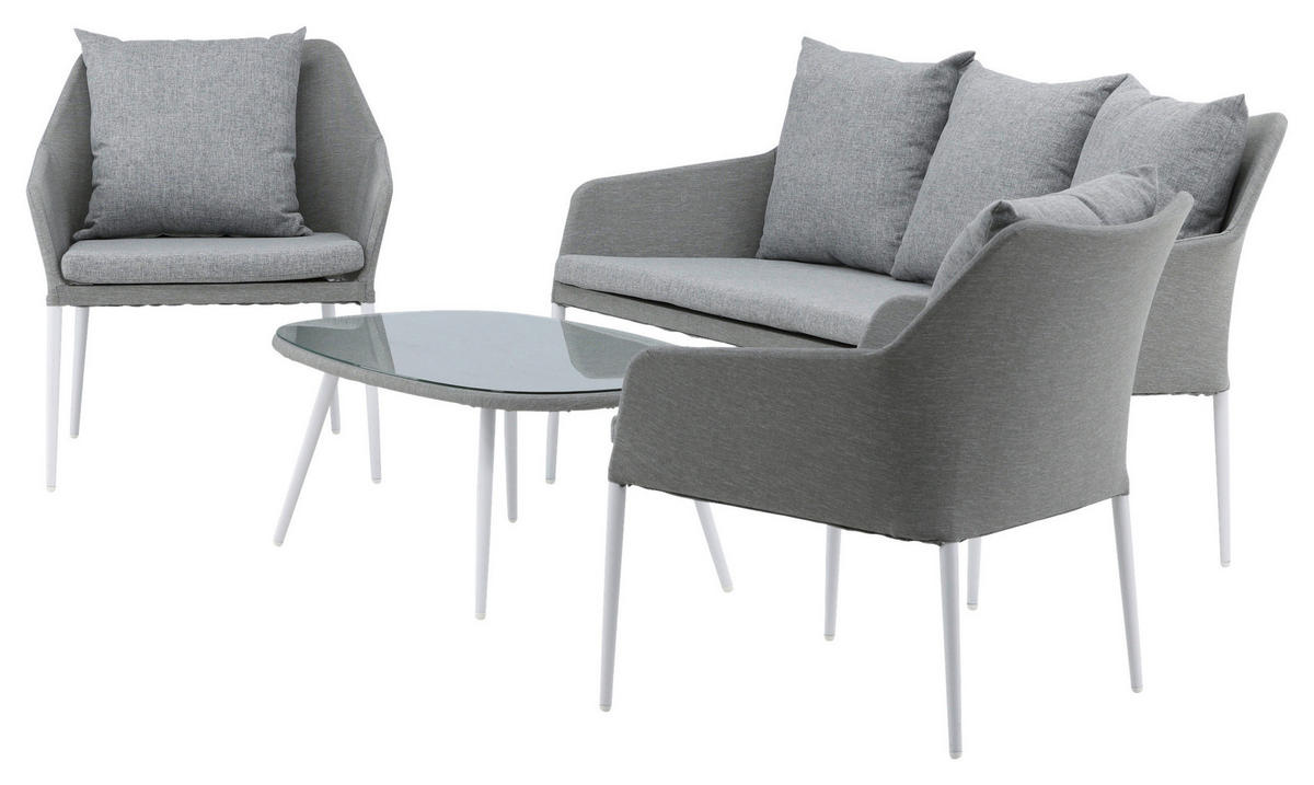 LOUNGEGARNITUR Aluminium  - Weiß/Grau, KONVENTIONELL, Glas/Textil - Gardenson