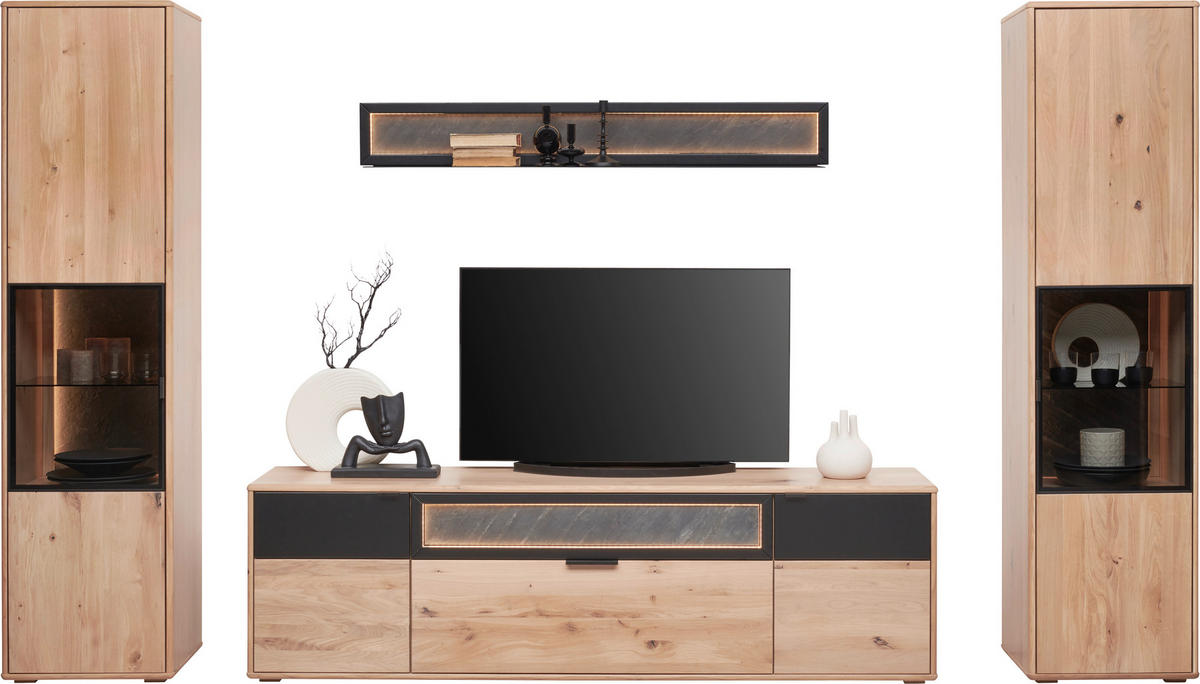 WOHNWAND  in Eiche Bianco, Schwarz 320/197,6/42 cm  - Eiche Bianco/Schwarz, Natur, Glas/Holz (320/197,6/42cm) - Linea Natura