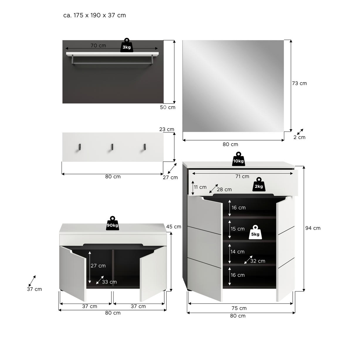 ELŐSZOBAFAL - fehér/szürke, Design, faalapú anyag (175/190/37cm) - Livetastic