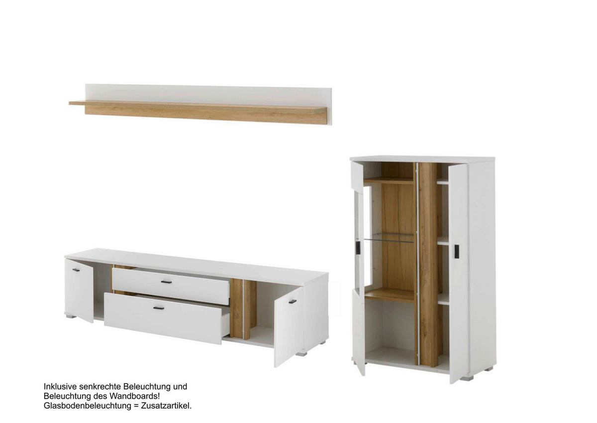 WOHNWAND 3-teilig  in Weiß, Eiche Wotan  290/170/42 cm  - Silberfarben/Eiche Wotan, Design, Glas/Holzwerkstoff (290/170/42cm) - MID.YOU