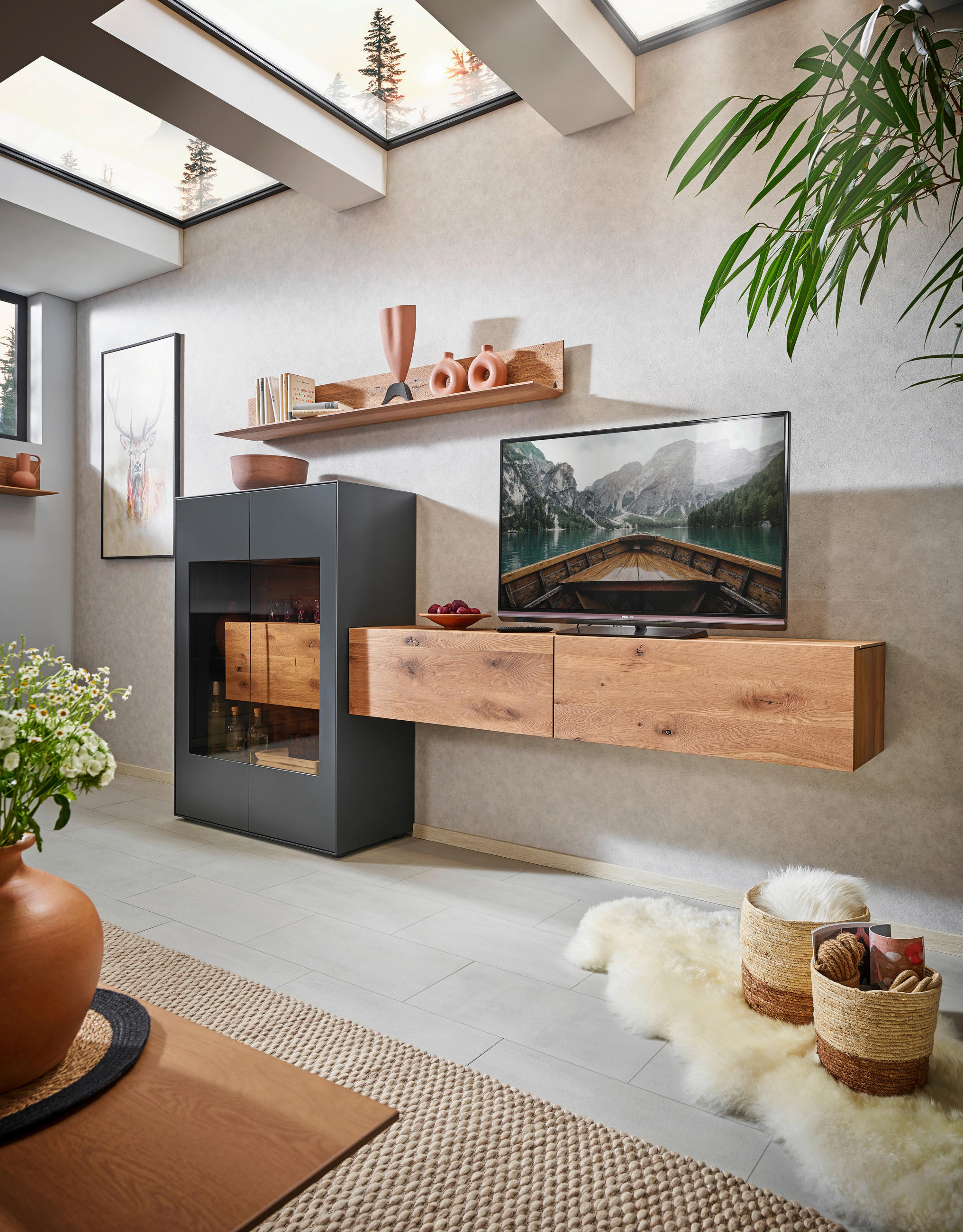 WOHNWAND  in Anthrazit, Eichefarben 299/148/44 cm  - Eichefarben/Anthrazit, Natur, Glas/Holz (299/148/44cm) - Valnatura