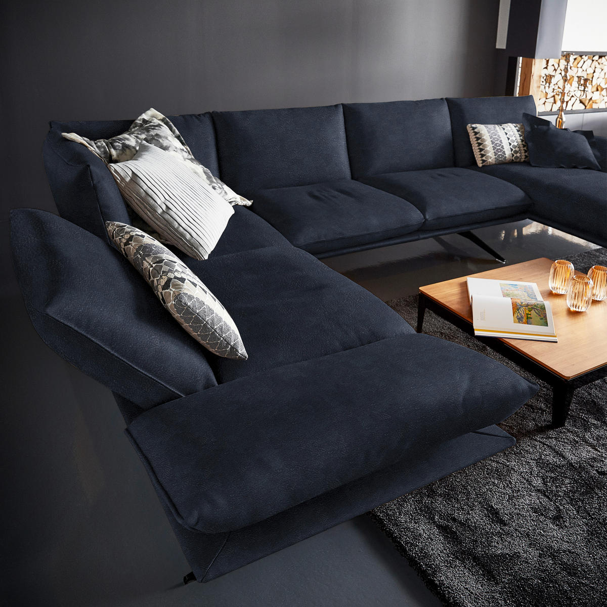 WOHNLANDSCHAFT in Echtleder Dunkelblau  - Schwarz/Dunkelblau, Natur, Leder/Metall (217/359/155cm) - Dieter Knoll