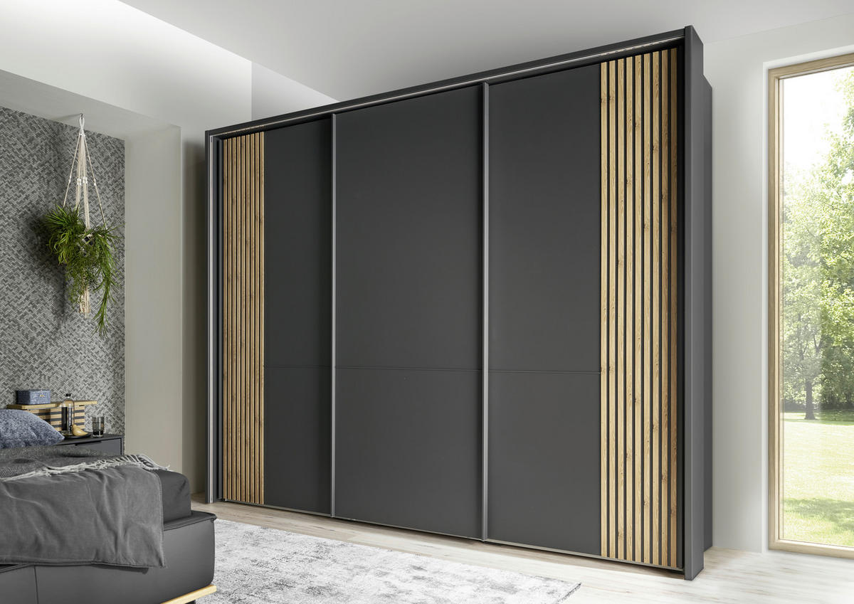 SCHWEBETÜRENSCHRANK 300/236/67 cm 3-türig Graphitfarben, Eiche Bianco  - Eiche Bianco/Graphitfarben, Design, Holzwerkstoff/Metall (300/236/67cm) - Musterring