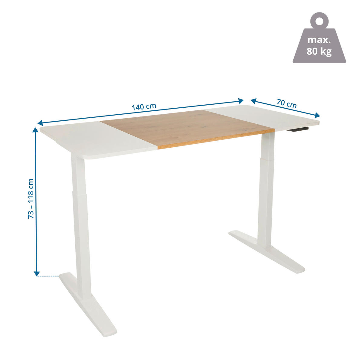 SKRIVBORD 140/70/73 - 118 cm  i vit, ekfärgad  - vit/ekfärgad, Modern, metall/trämaterial (140/70/73 - 118cm) - MID.YOU