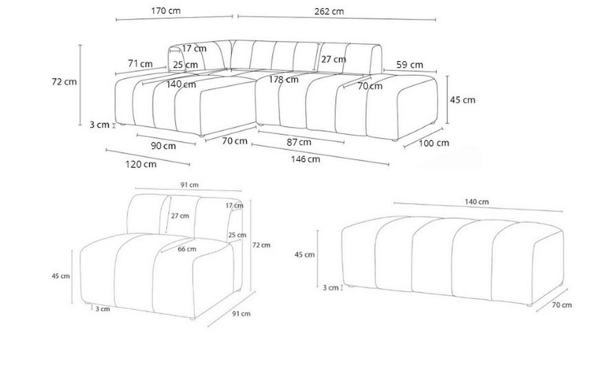 ECKSOFA Ottomane rechts  ANNECY Weiß Bouclé  - Schwarz/Weiß, MODERN, Kunststoff/Textil (262/170cm)