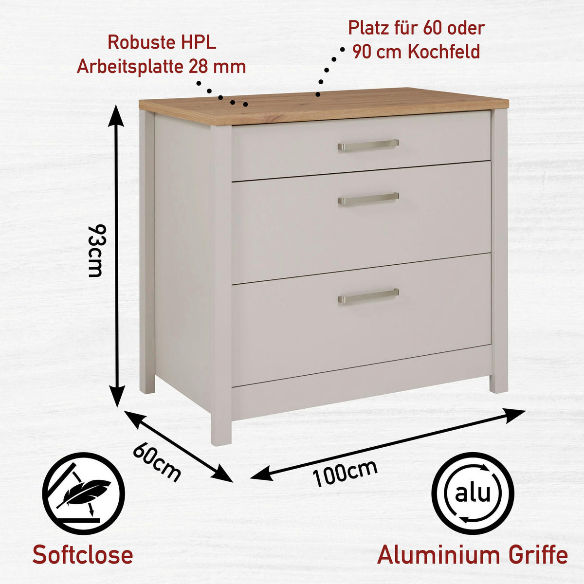 SCHUBKASTENUNTERSCHRANK 100/92/60 cm  in Kaschmir, Eiche Artisan  - Kaschmir/Silberfarben, ROMANTIK / LANDHAUS, Holzwerkstoff/Metall (100/92/60cm) - home24