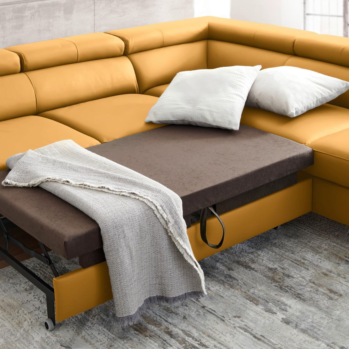 ECKSOFA in Echtleder Currygelb  - Currygelb/Schwarz, Design, Leder/Metall (256/220cm) - Celina Home
