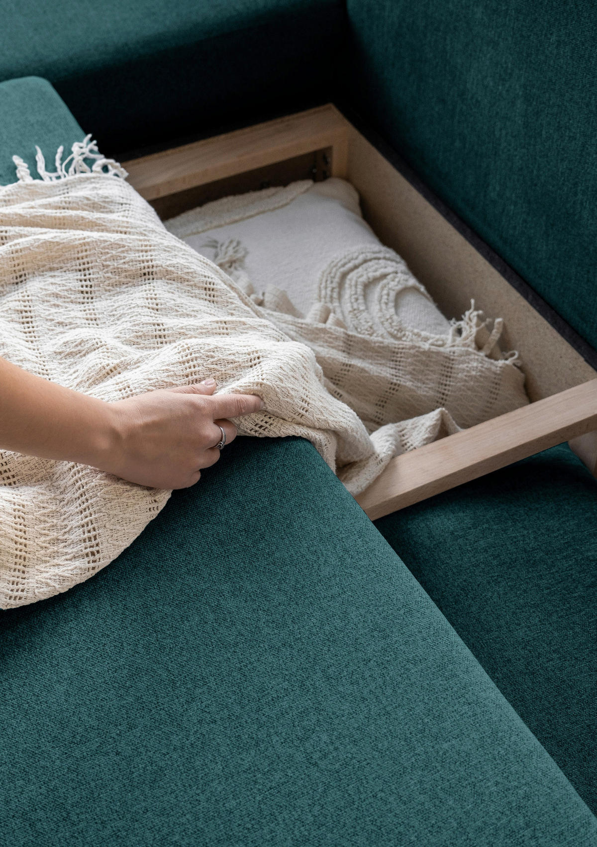 ECKSOFA Türkis Chenille  - Türkis/Naturfarben, Holz/Textil (202/242cm) - MID.YOU