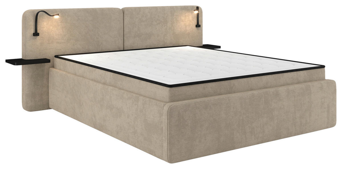 POLSTERBETT 180/200 cm,  in Beige, gepolstertes Kopfteil, Beleuchtung, Lattenrost, H2 + H3 = mittel + fest  - Beige/Schwarz, MODERN, Kunststoff/Textil (180/200cm) - Chameo