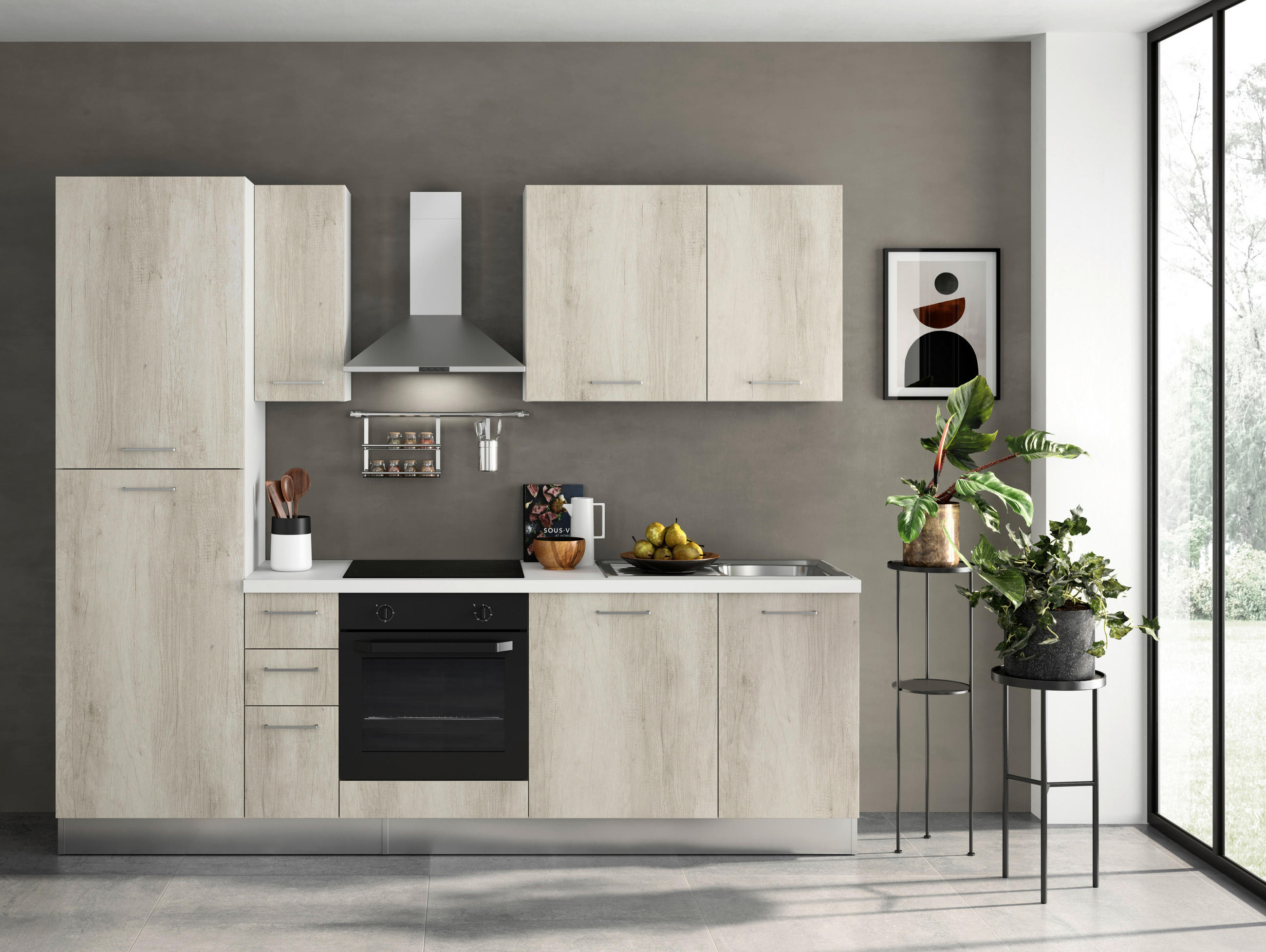 KÜCHENBLOCK   in Eiche Bianco  - Eiche Bianco/Alufarben, MODERN, Holzwerkstoff/Kunststoff (255/88/216cm) - MID.YOU