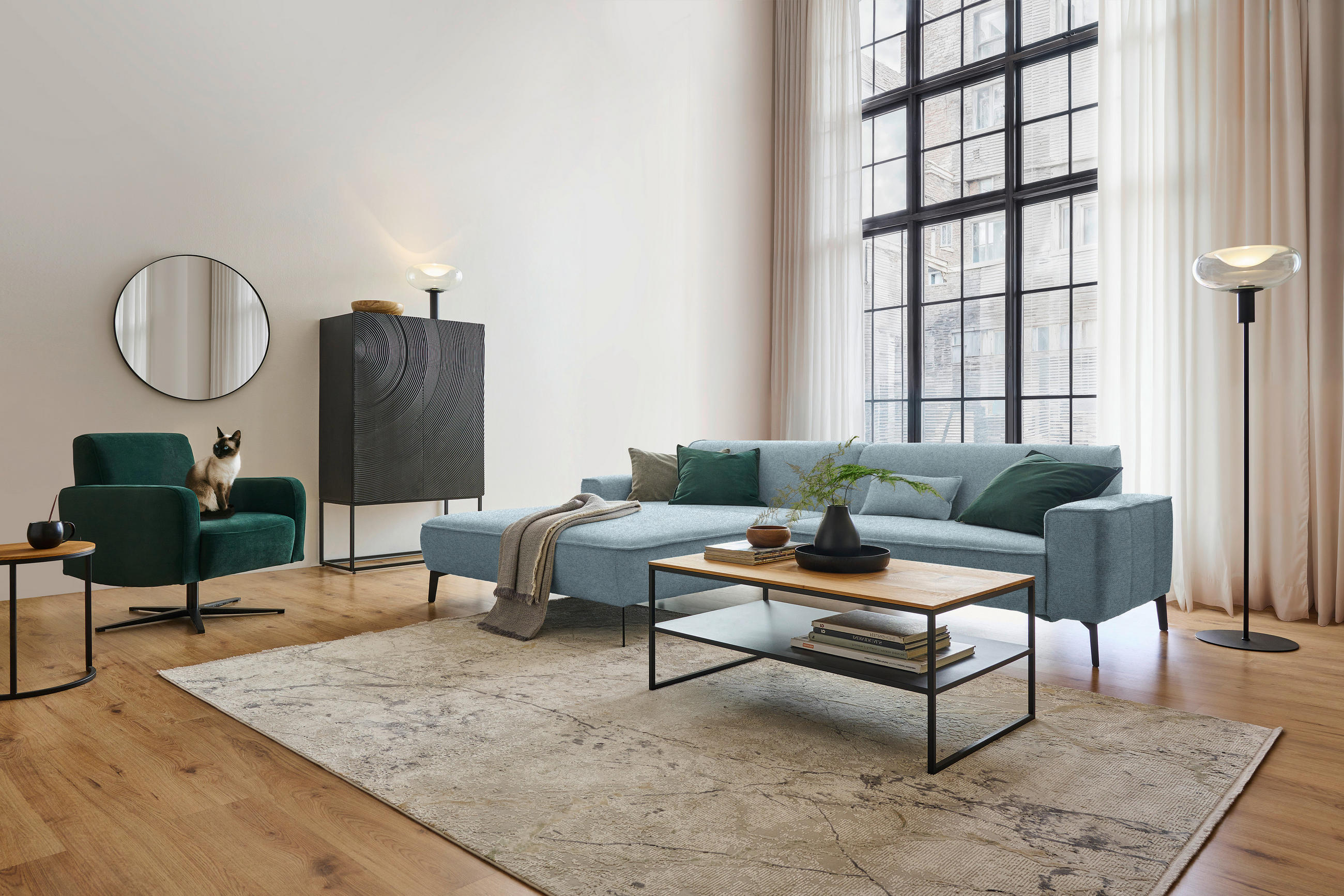 ECKSOFA in Flachgewebe Hellblau  - Schwarz/Hellblau, Design, Textil/Metall (190/285cm) - Johann Jakob