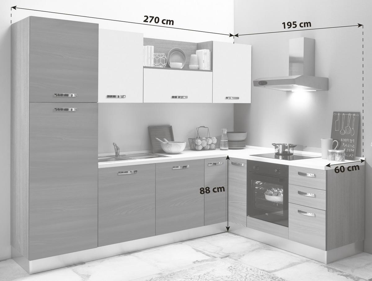 ECKKÜCHE 270/195 cm  in Creme, Eiche grau  - Eiche grau/Magnolie, LIFESTYLE, Holzwerkstoff/Kunststoff (270/195cm) - MID.YOU