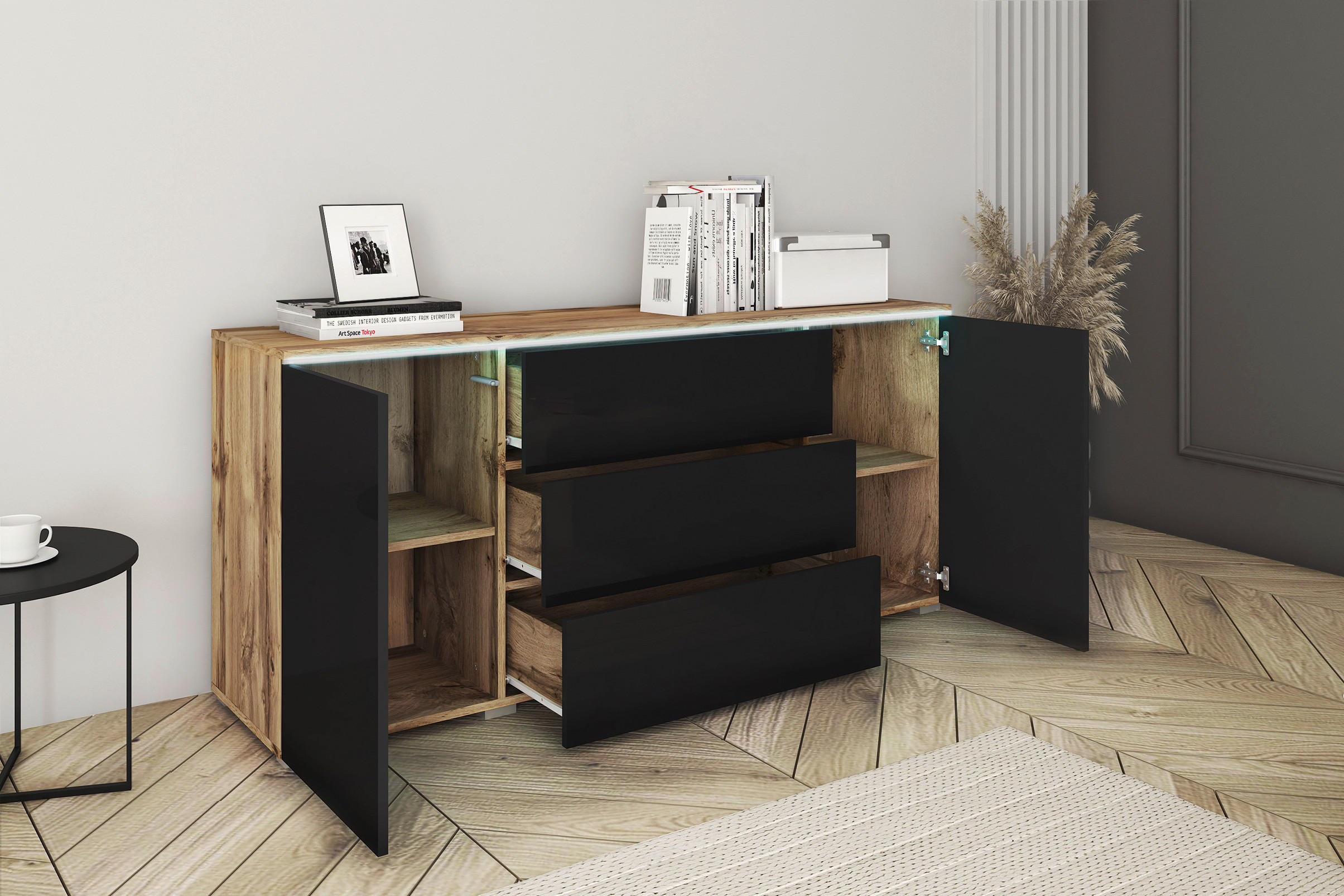 Thumbnail - P & B Sideboard Vera, Eiche Wotan, Schwarz Hochglanz, Holzwerkstoff, 2 Fächer, 3 Schublade(n) Schubladen, 150x67.9x39.5 ...