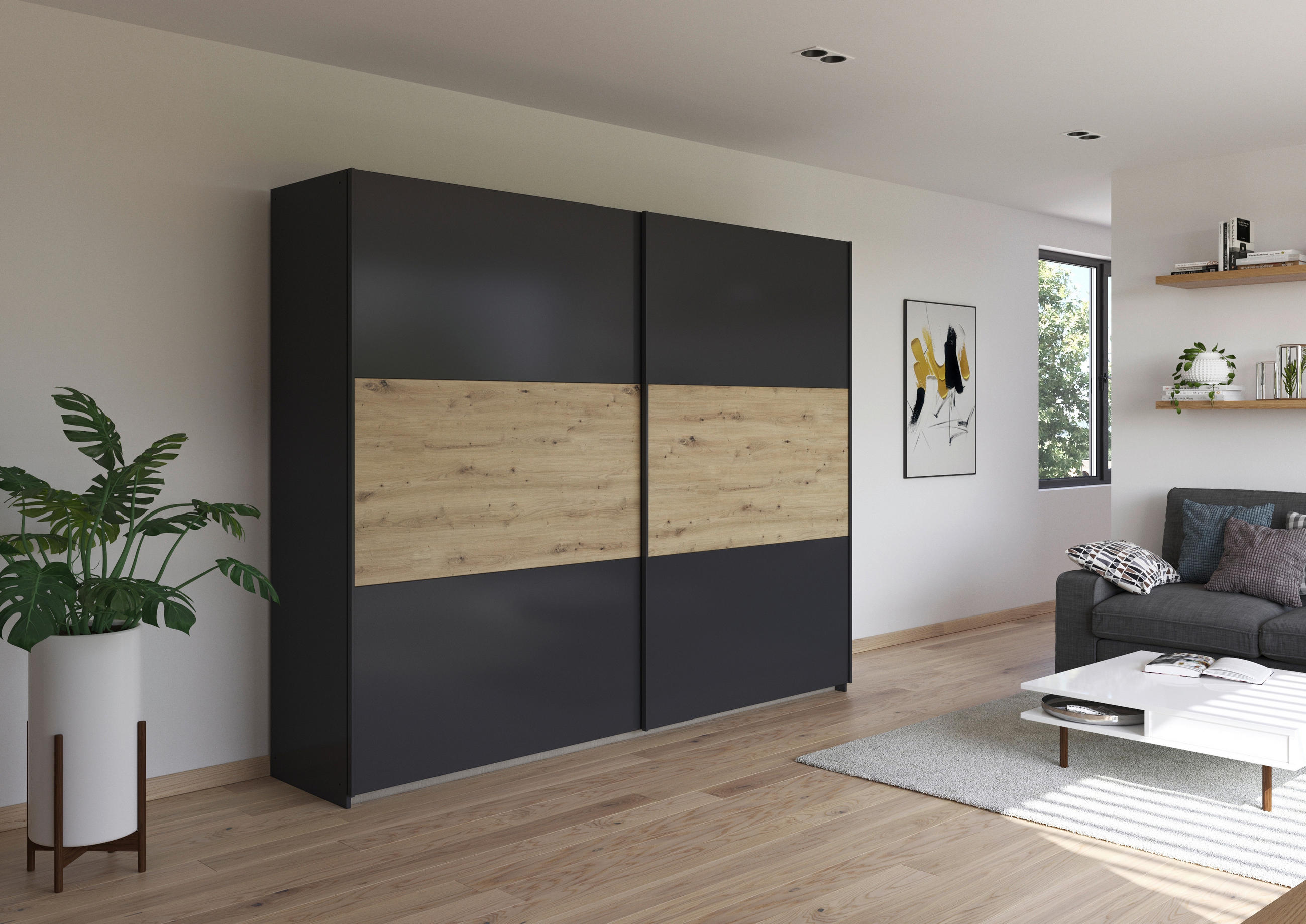 SCHWEBETÜRENSCHRANK in Grau, Eiche Artisan  - Eiche Artisan/Grau, Modern, Holzwerkstoff/Metall (261/210/59cm) - Rauch Möbel