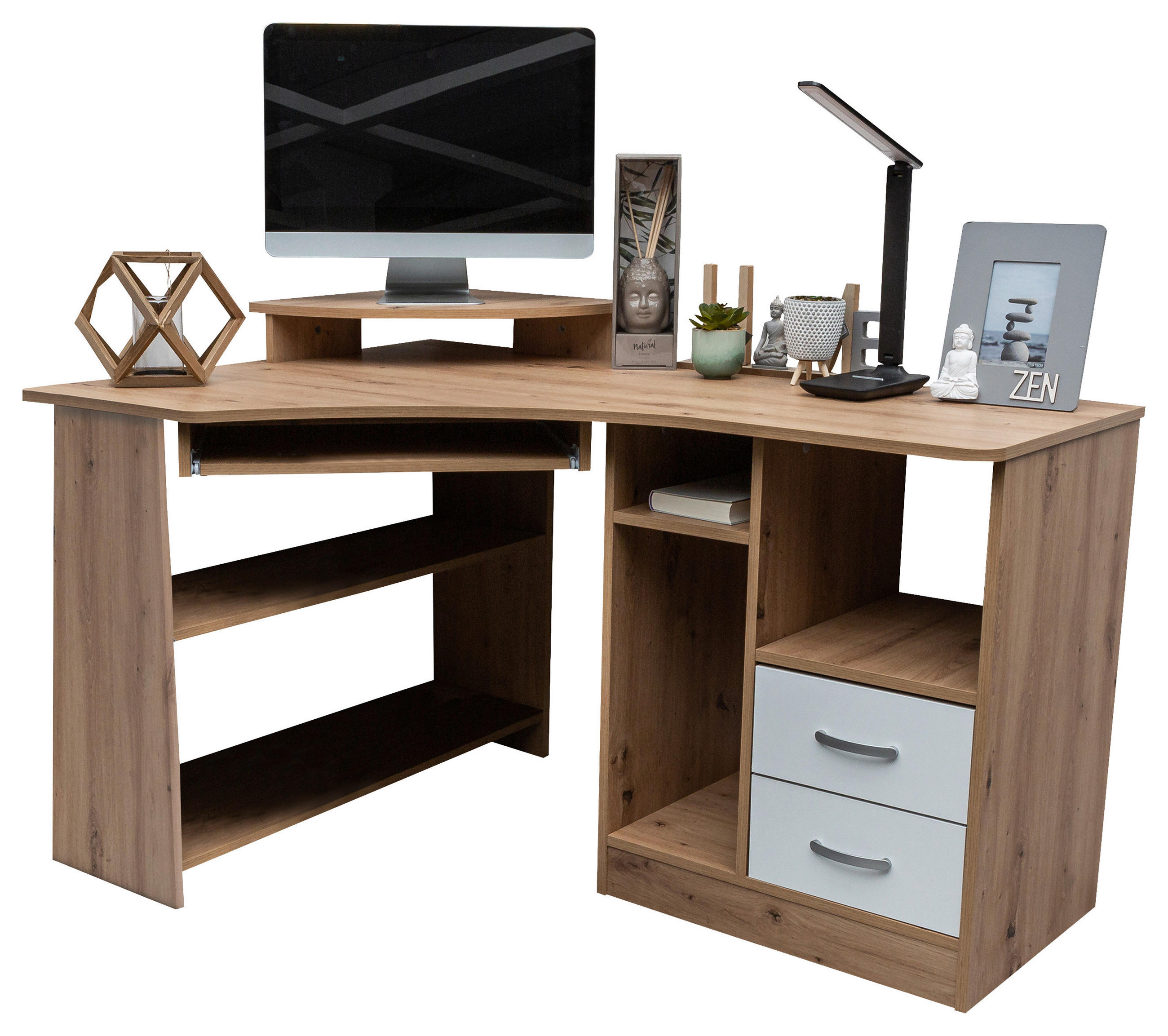 KOTNA PISALNA MIZA leseni material bela, barve hrasta  - barve hrasta/bela, Design, kovina/leseni material (130/83/91cm) - Carryhome