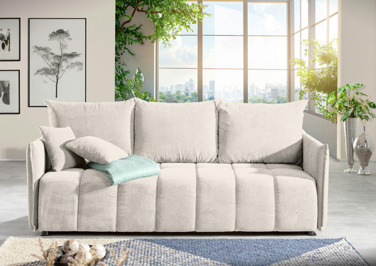 SCHLAFSOFA Plüsch Creme  inkl. Zierkissen, Rückenkissen, Bettkasten, Schlaffunktion, Rücken echt, Liegefläche im Originalstoff  - Creme/Schwarz, KONVENTIONELL, Kunststoff/Textil (200/73/105cm) - Carryhome
